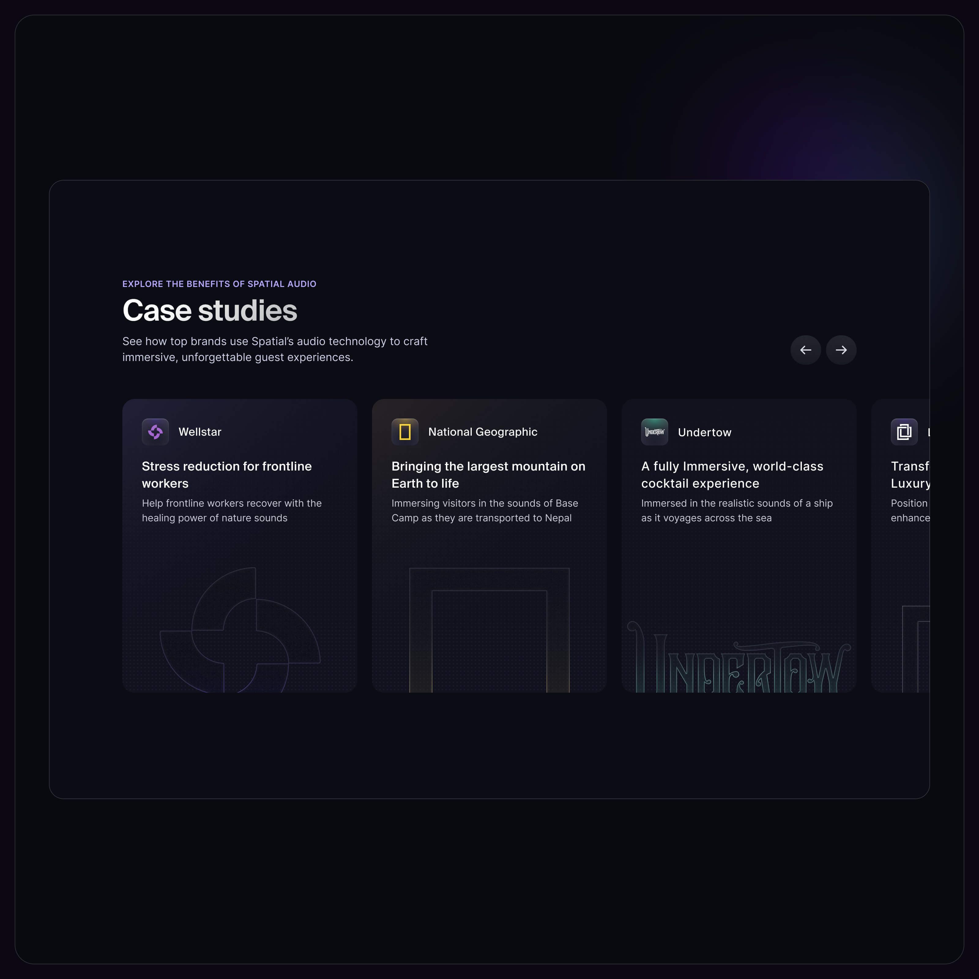 Audio page section: case studies for Wellstar, National Geographic and Undertow