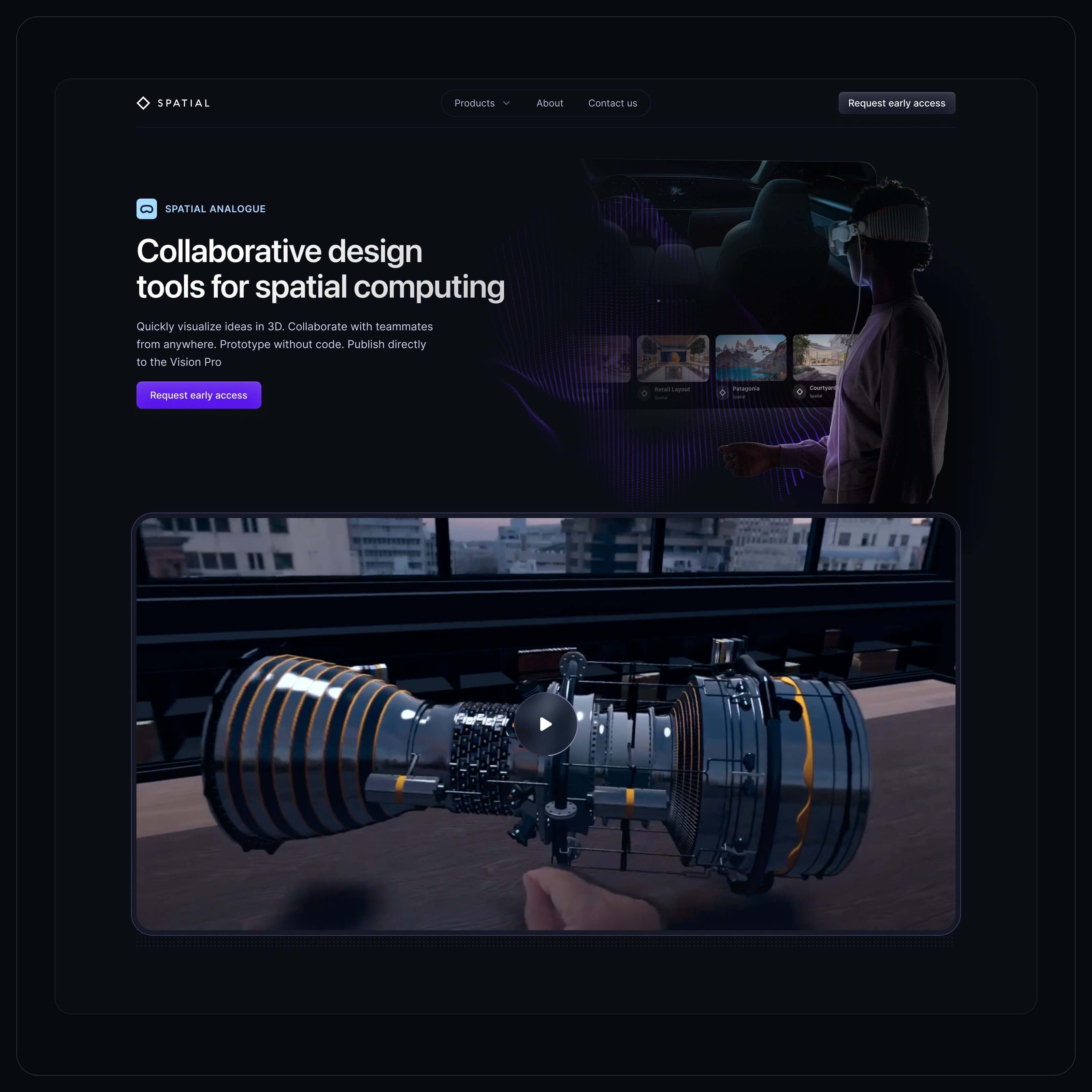 Analogue page hero: Collaborative design tools for spatial computing, above a video of an engine model