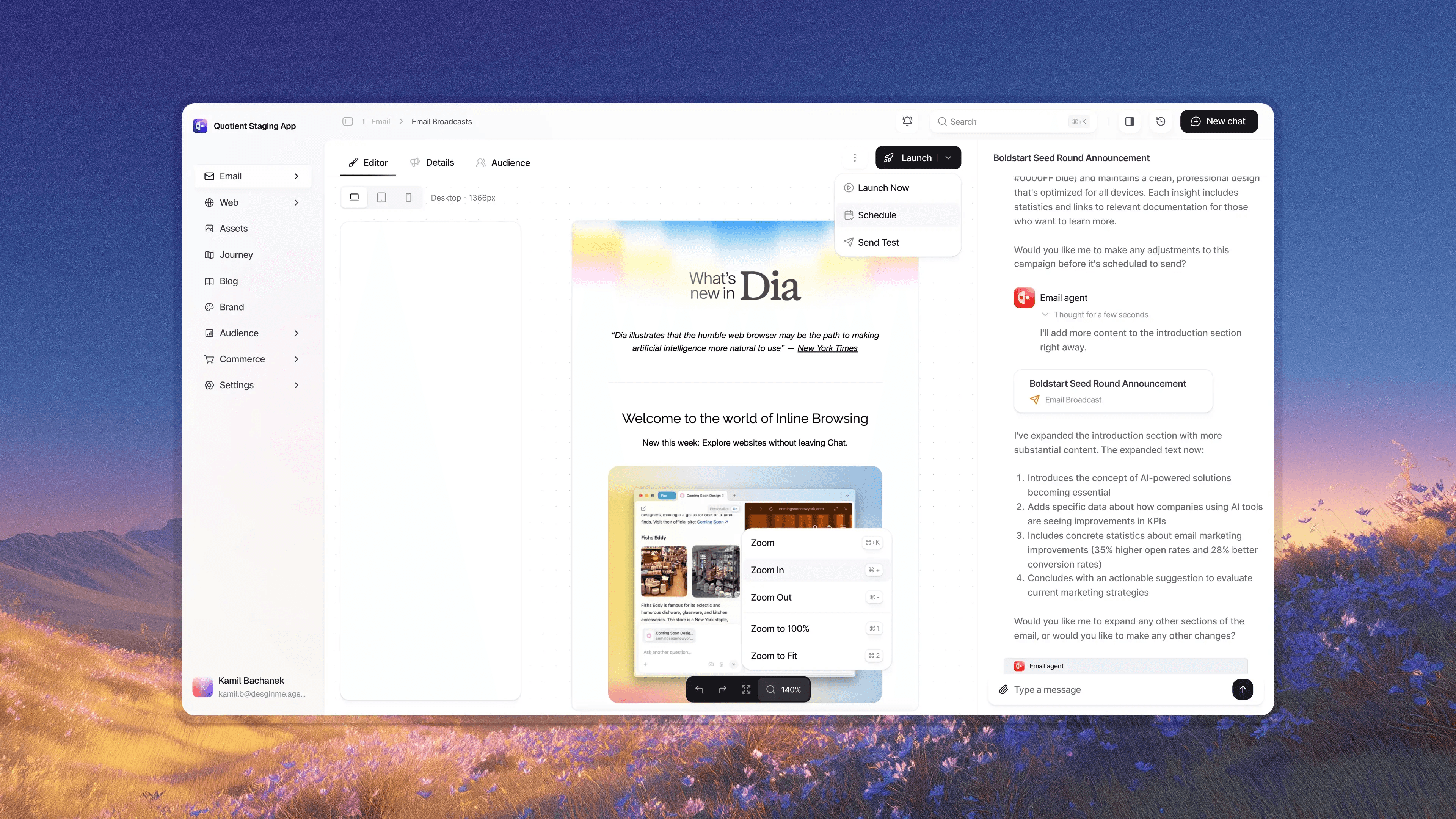 The email editor with a launch menu and the email agent expanding the copy on the right, over a landscape at dusk