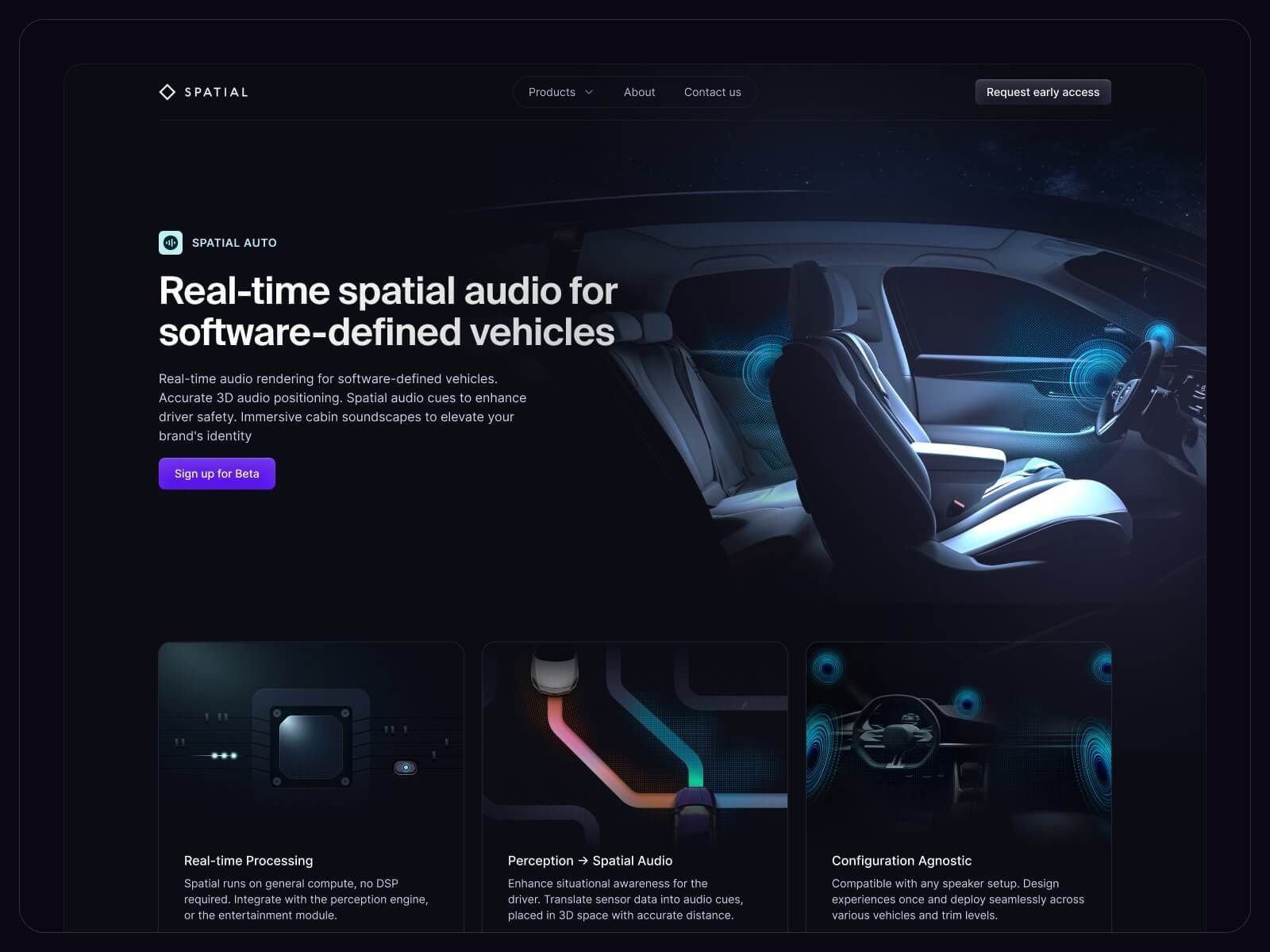Auto page hero: Real-time spatial audio for software-defined vehicles, with three feature cards