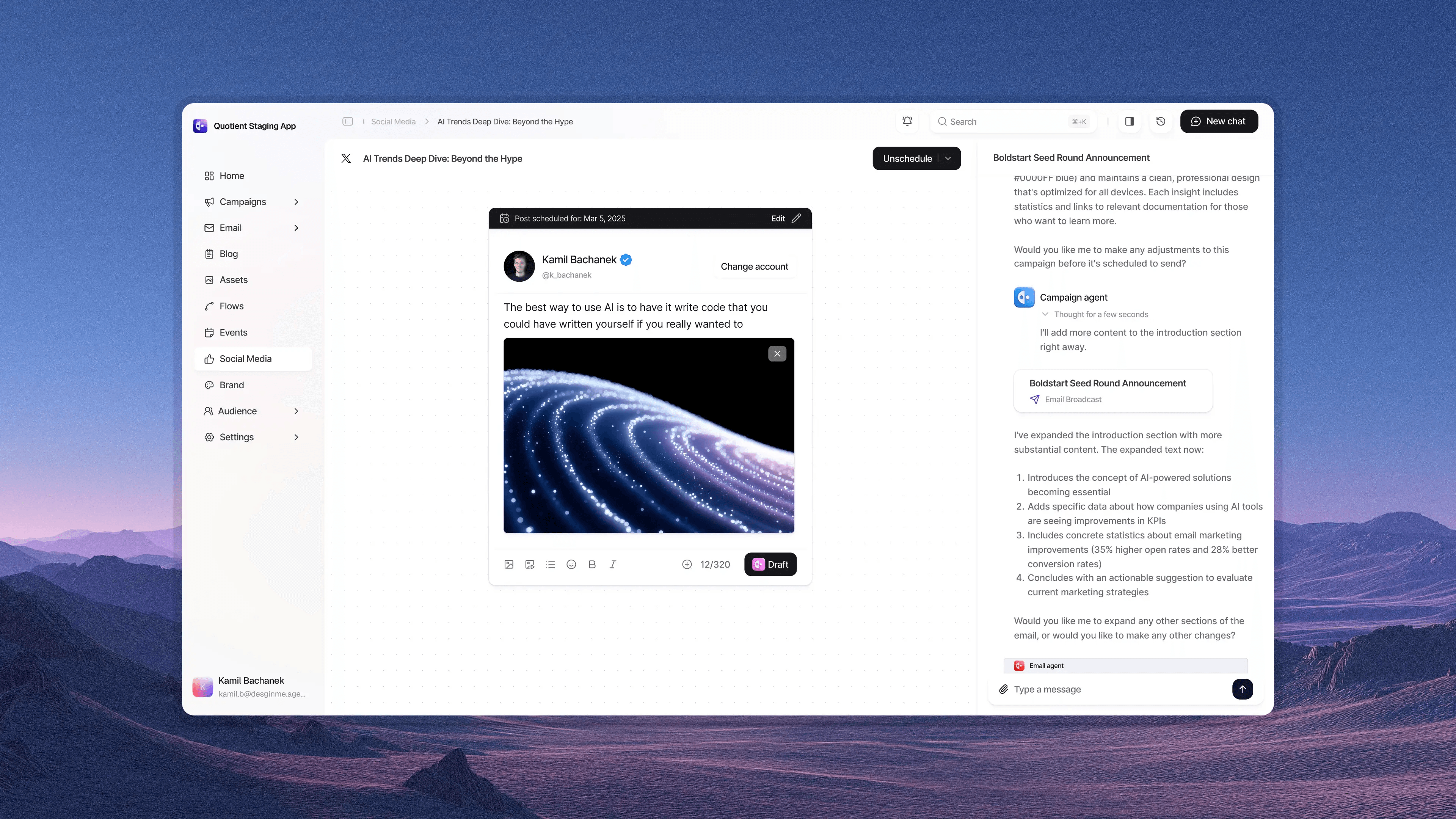 A post scheduled for X in the social editor, with the campaign agent on the right