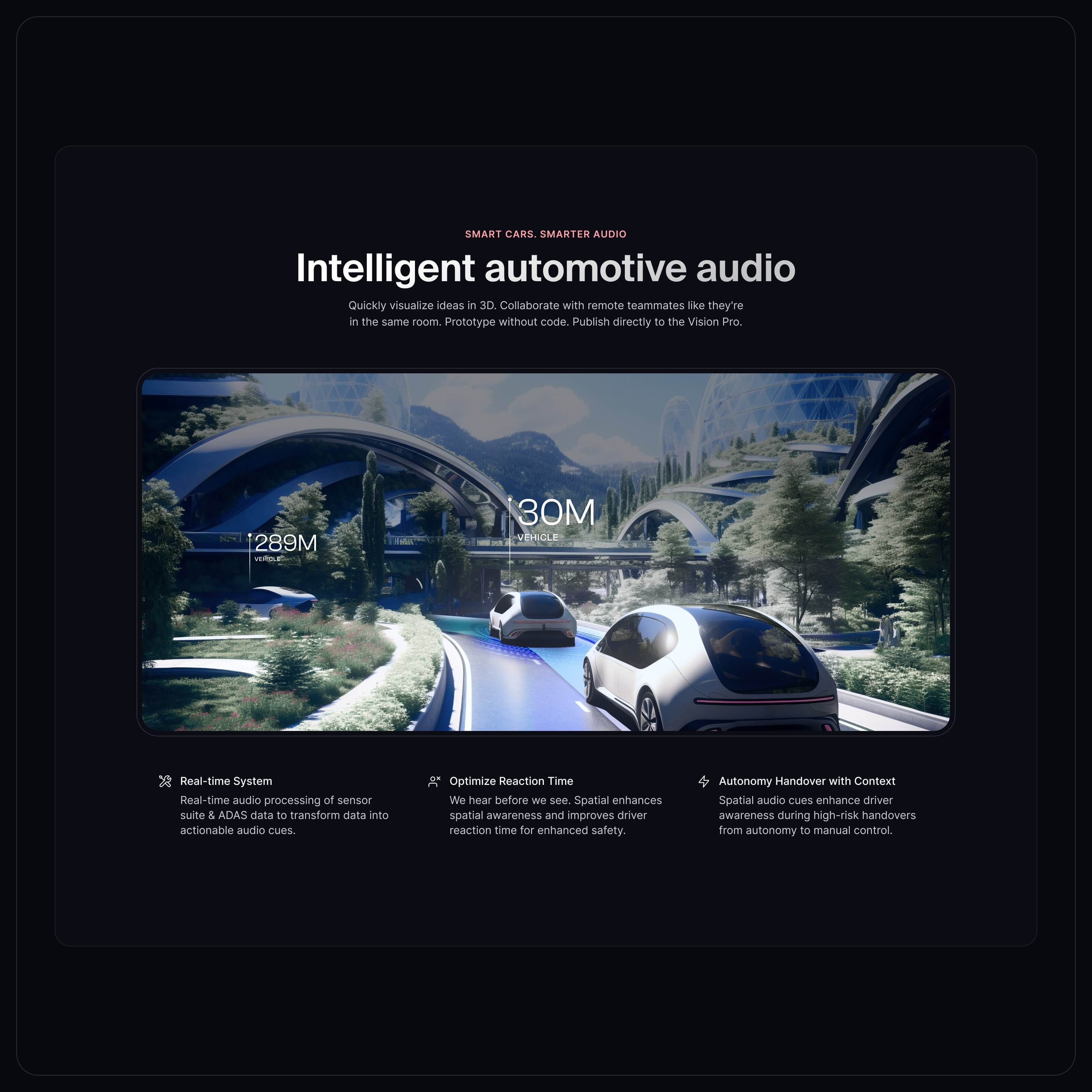 Auto page section: Intelligent automotive audio, with a highway render and three benefits