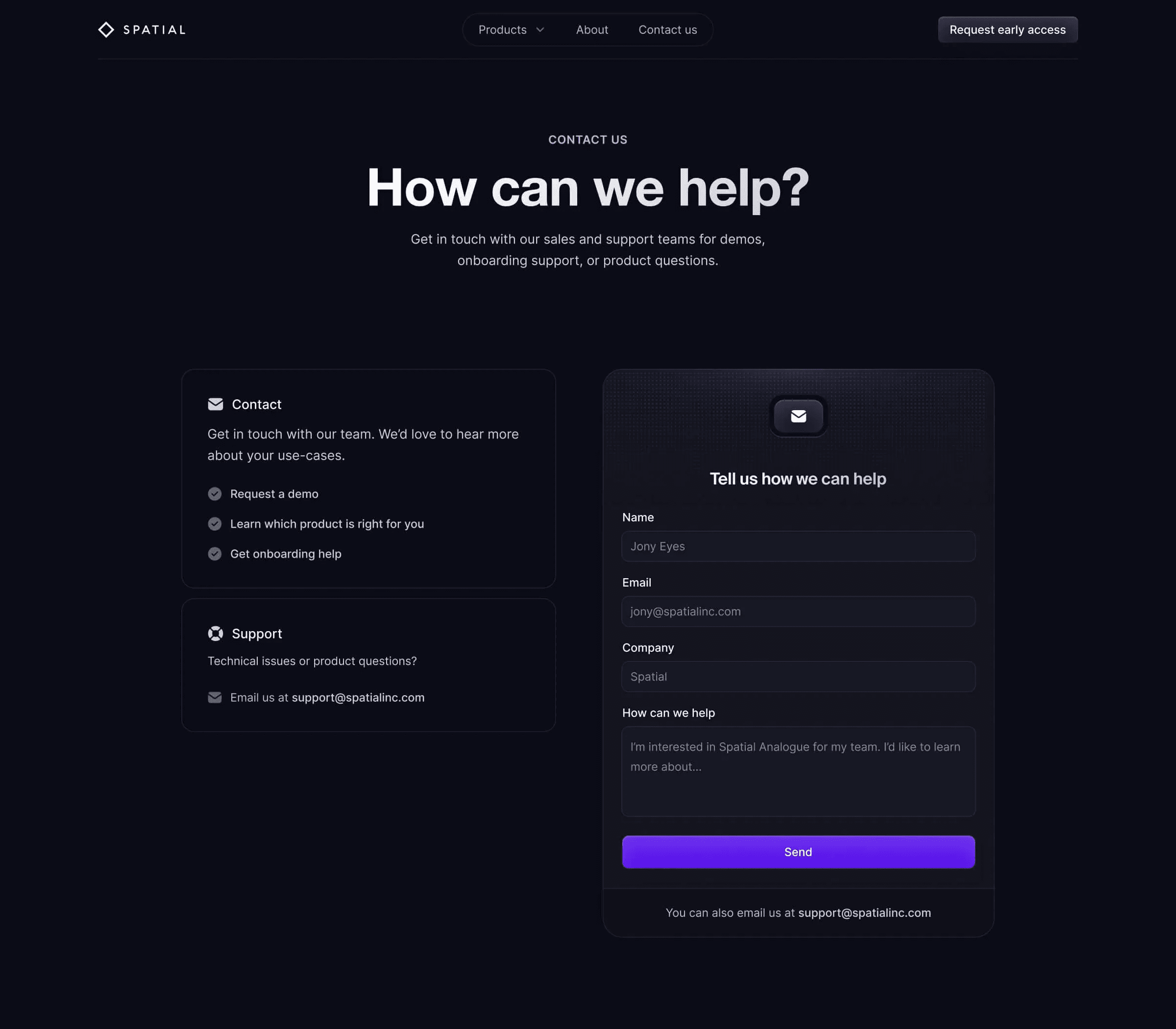 Contact page: How can we help?, with contact and support options and a form