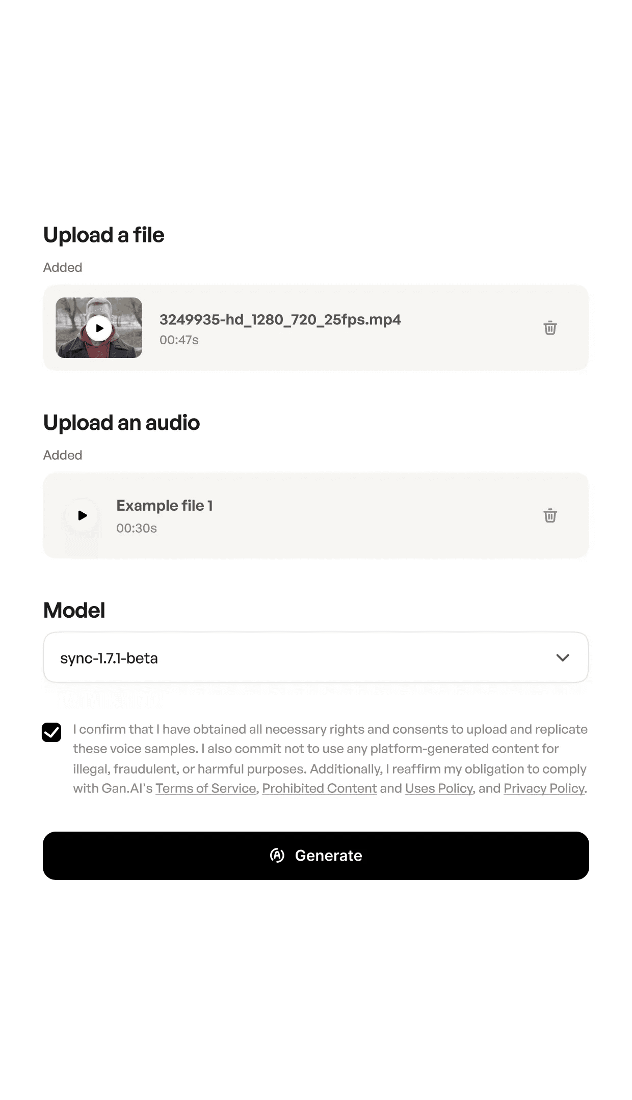 Lipsync: upload a video file and an audio file, then choose a model