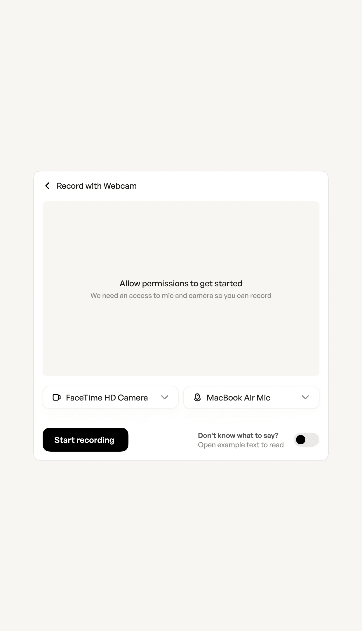 Record with Webcam before access: Allow permissions to get started