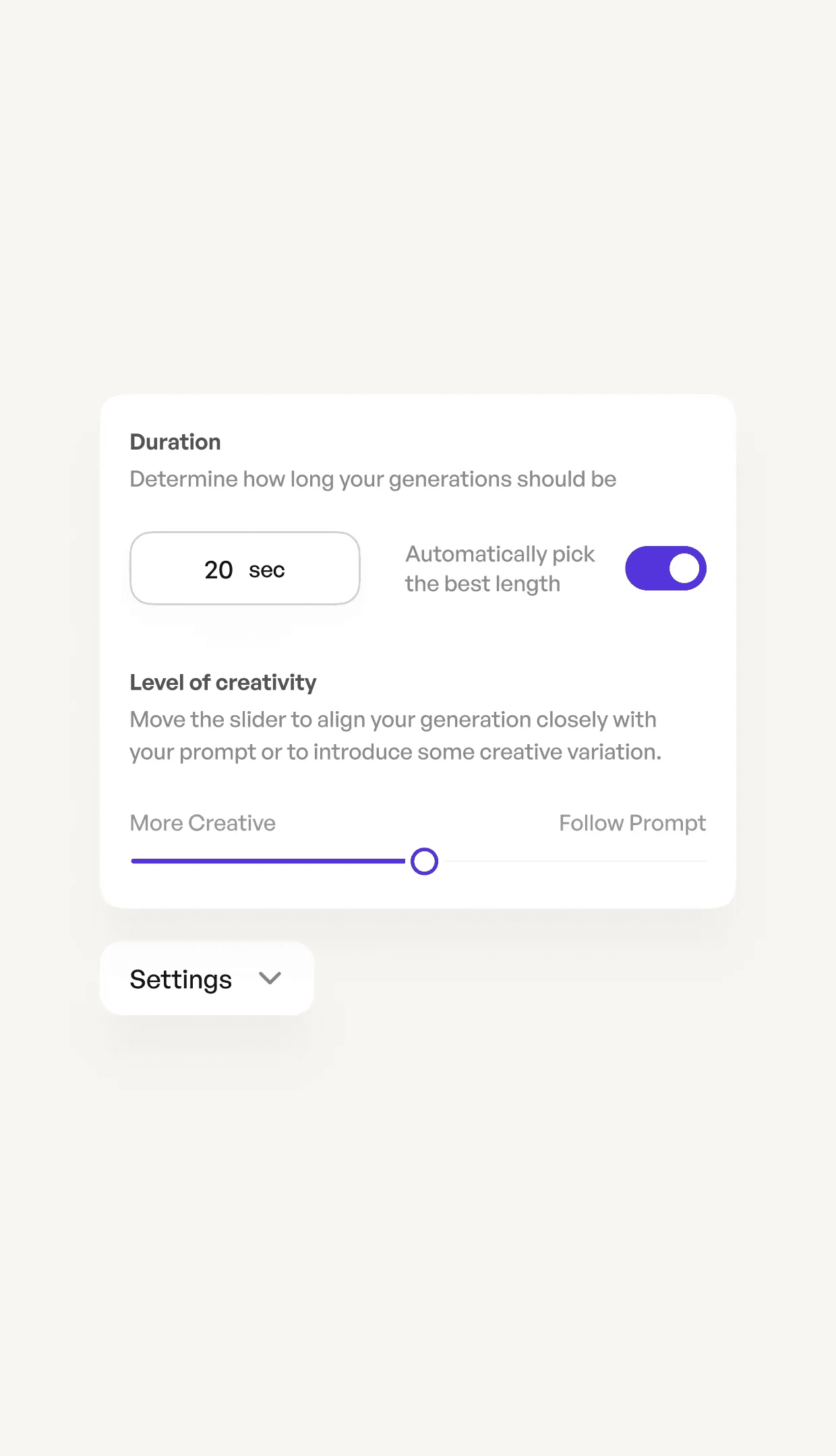 Generation settings: duration with automatic length, and a slider from More creative to Follow prompt