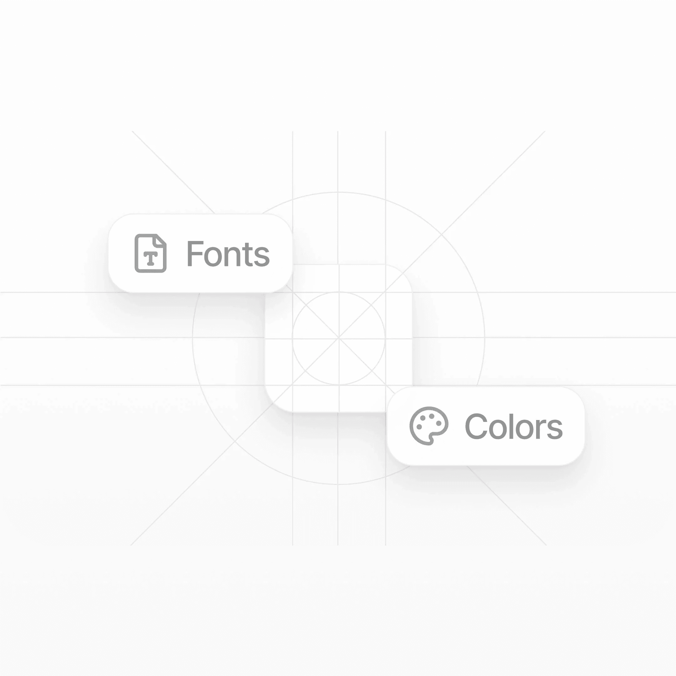Brand kit illustration: Fonts and Colors chips around the app icon grid