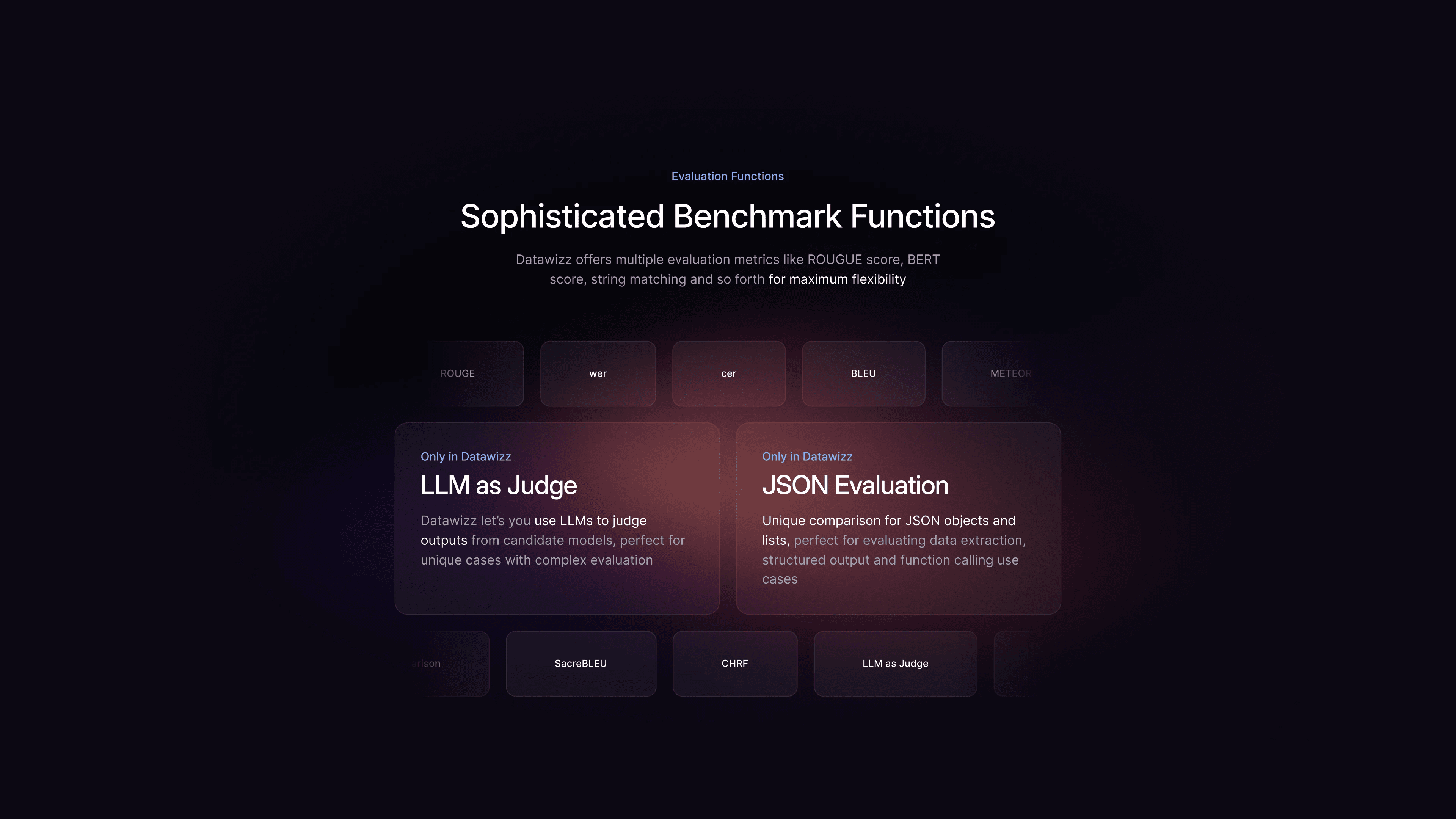 Sophisticated benchmark functions: metric chips with LLM as Judge and JSON Evaluation cards