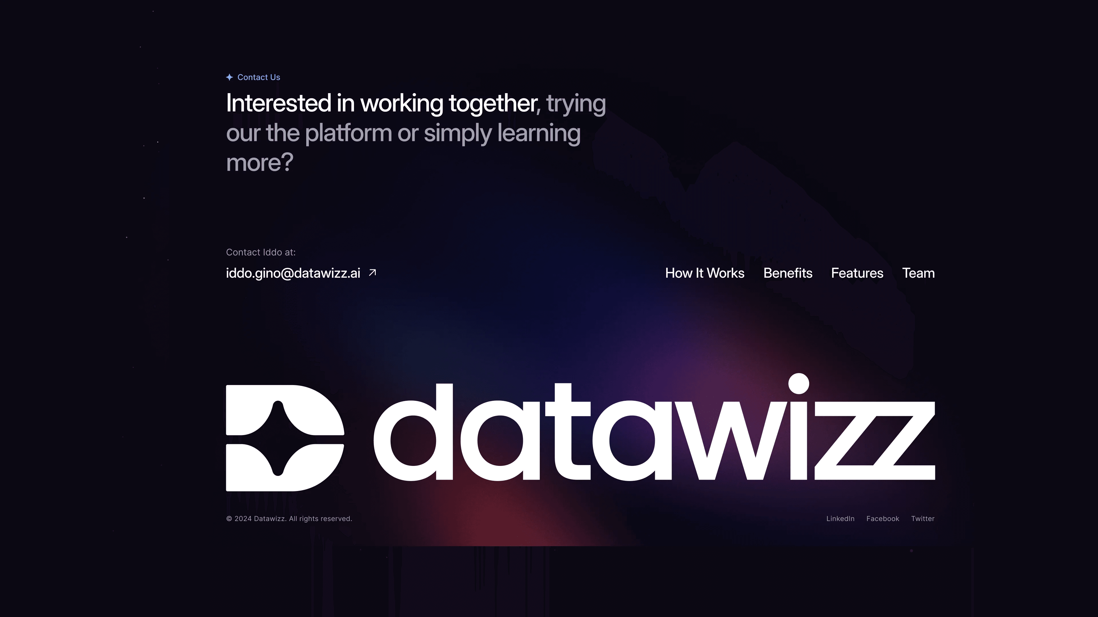 Website footer: contact Iddo, page links and a large Datawizz logo