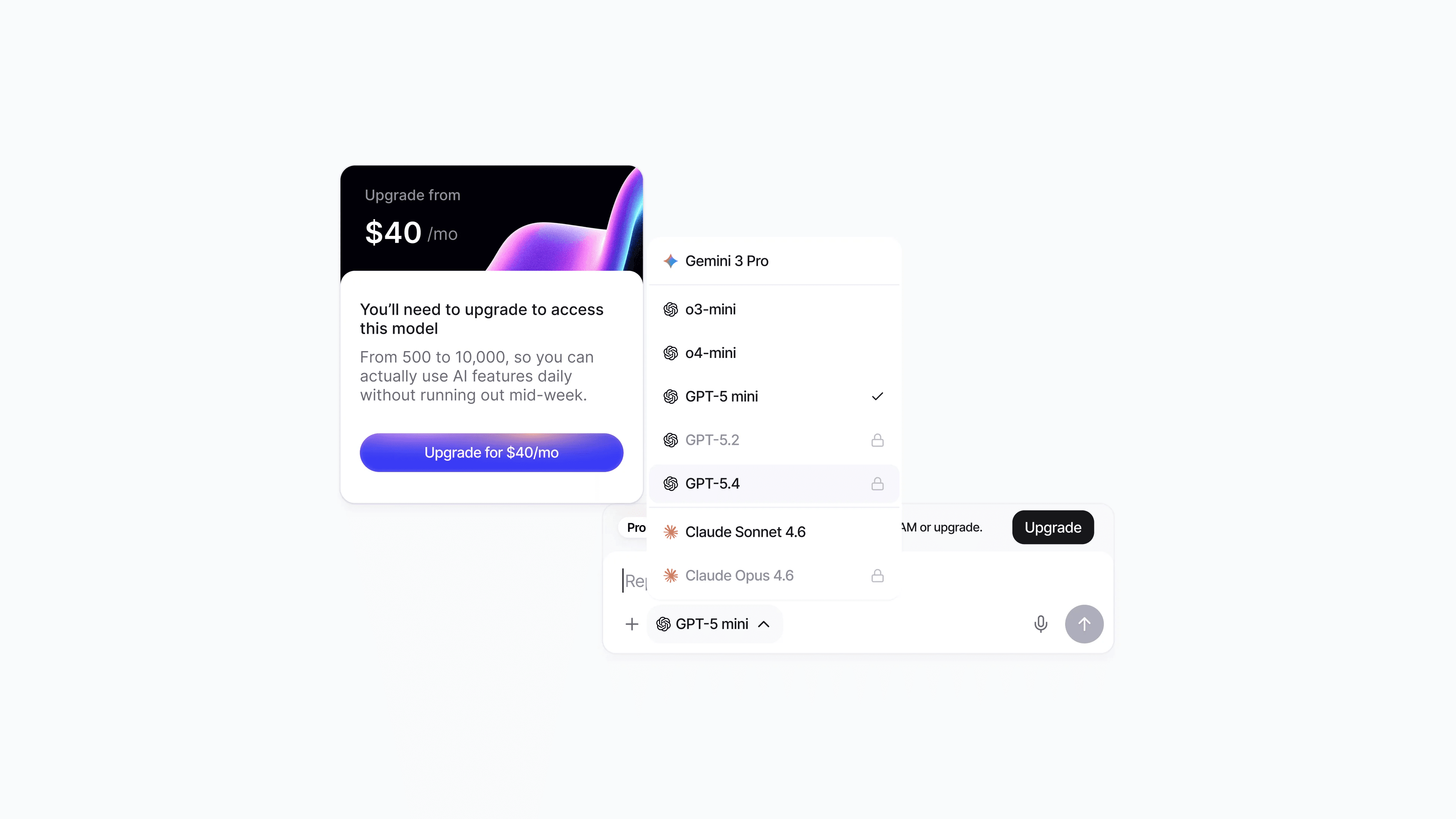Model picker with an upgrade prompt for models on higher plans