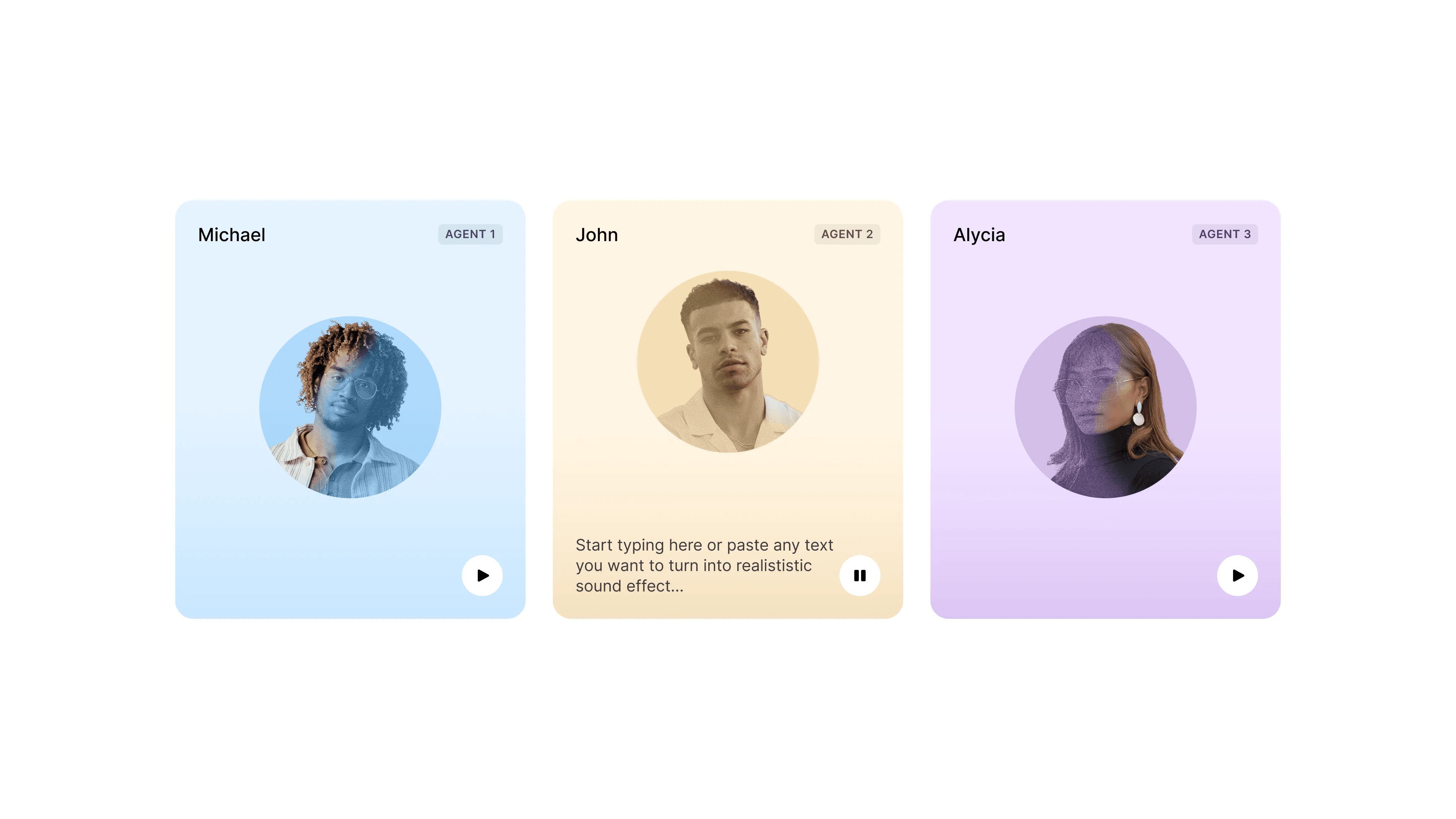 Three voice agent cards, Michael, John and Alycia, each with a portrait and a play button