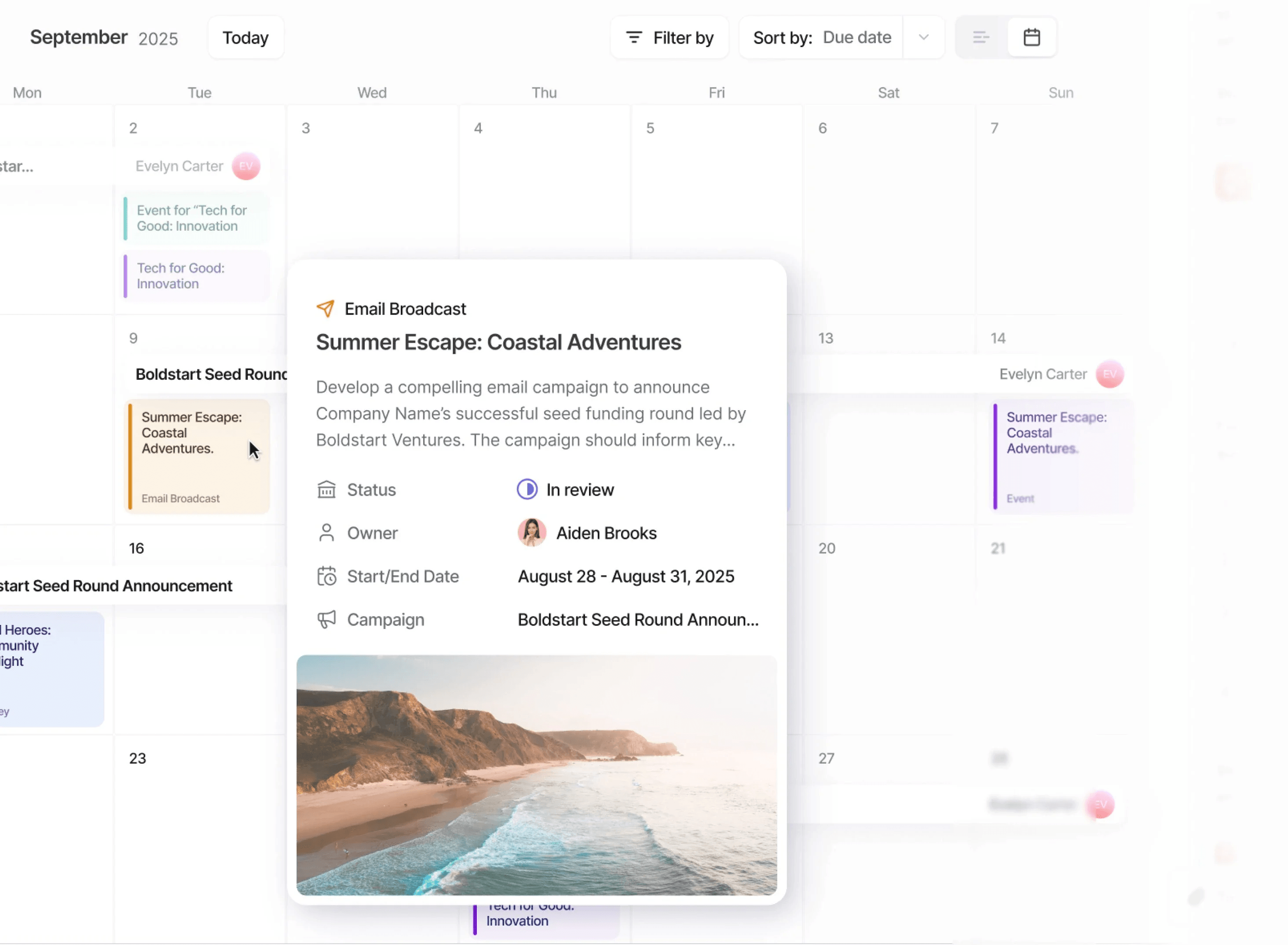Campaigns calendar with an email broadcast card open, its status, owner, dates and image