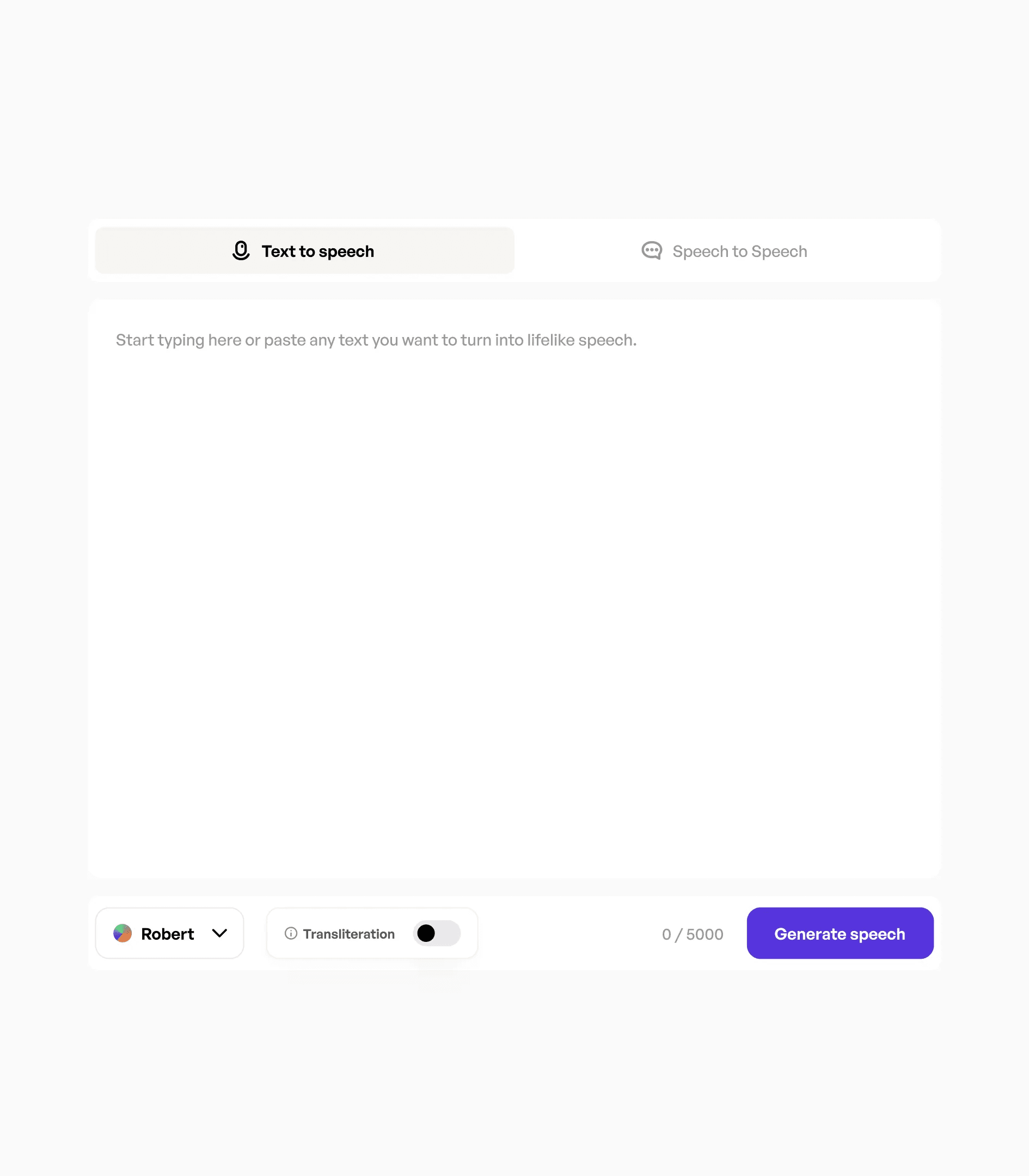 Text to speech: a large text field, a voice picker and Generate speech