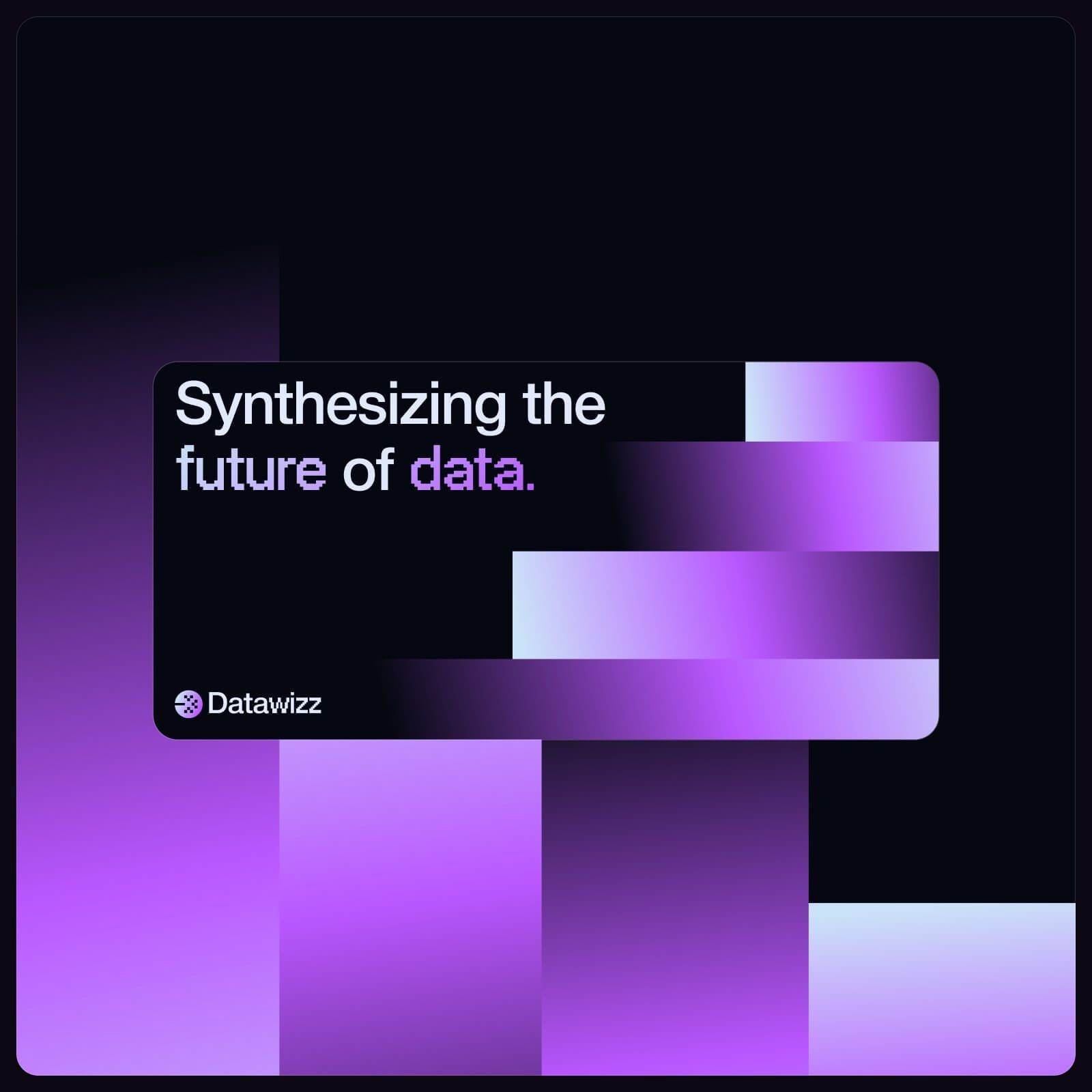 Card: Synthesizing the future of data, with the Datawizz logo over violet gradient blocks
