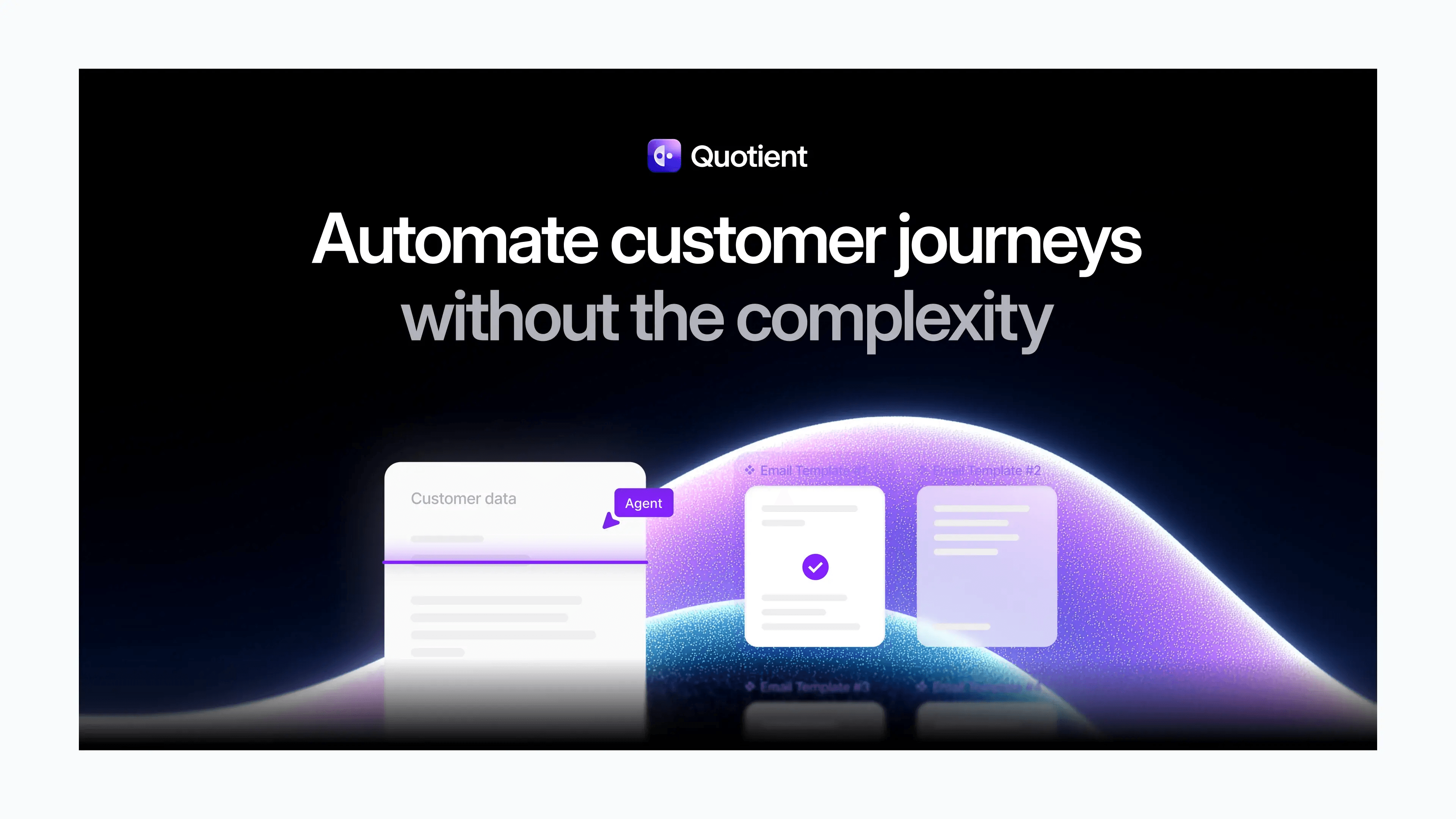 Marketing visual: Automate customer journeys without the complexity, with product cards on a violet wave