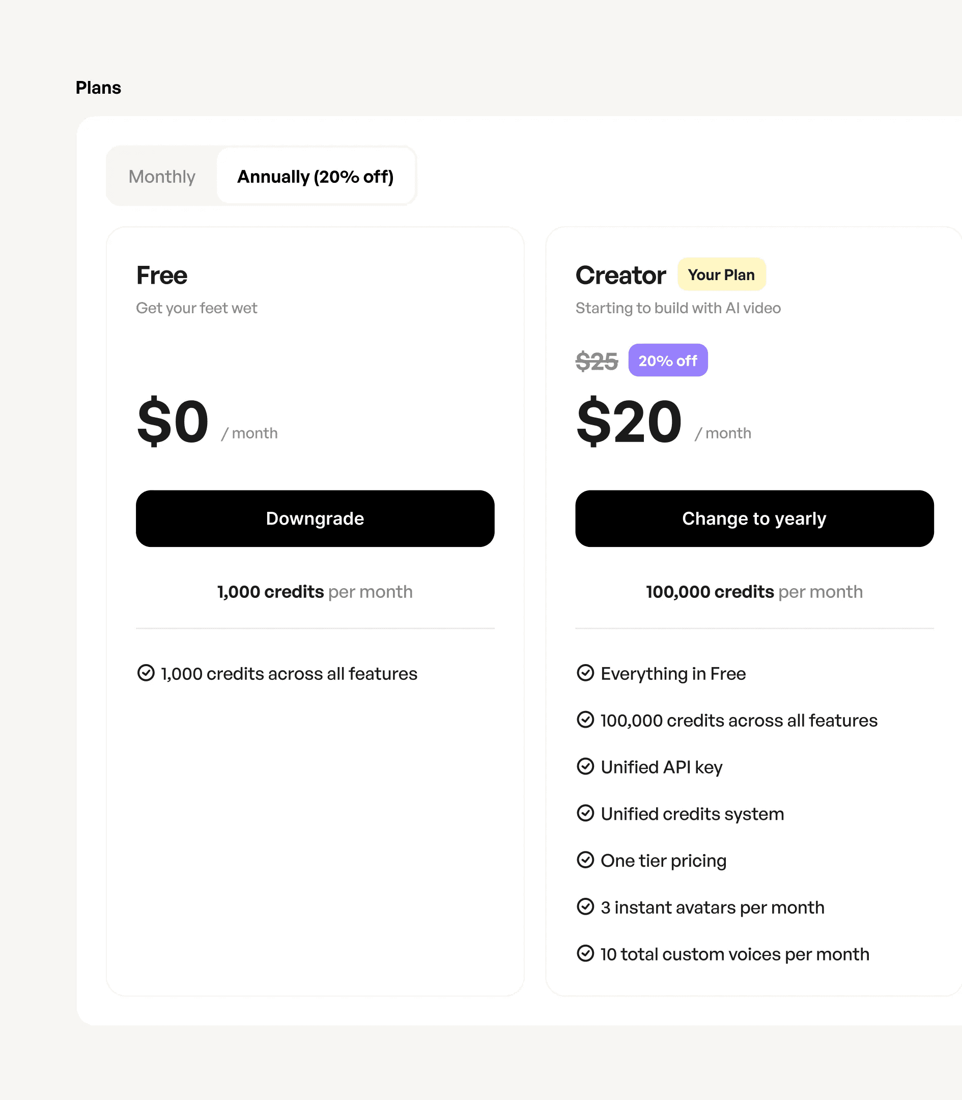 Plans: Free and Creator, monthly or annually, with credits and features