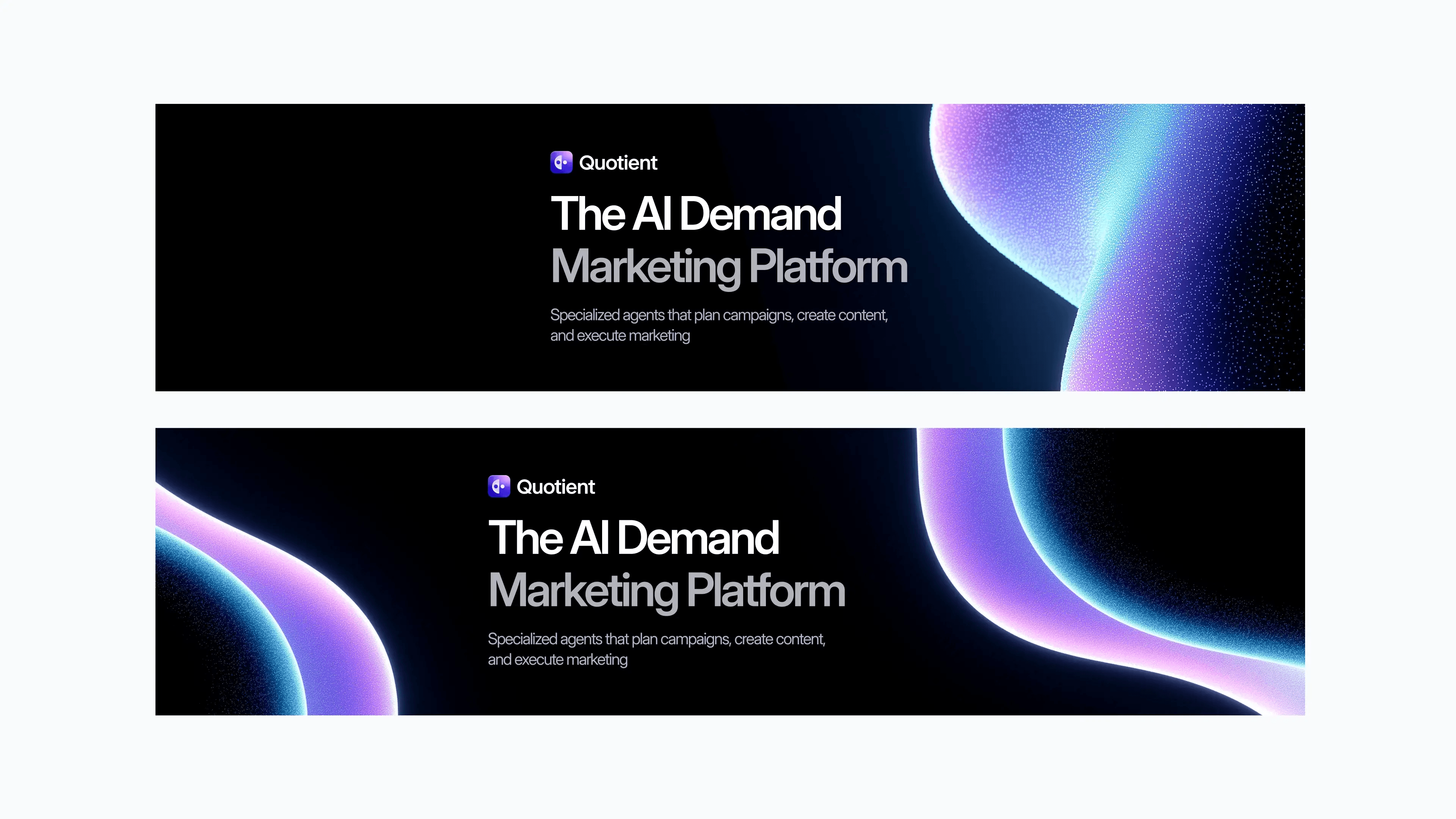 Two social banners: The AI Demand Marketing Platform on black with violet and blue gradient waves