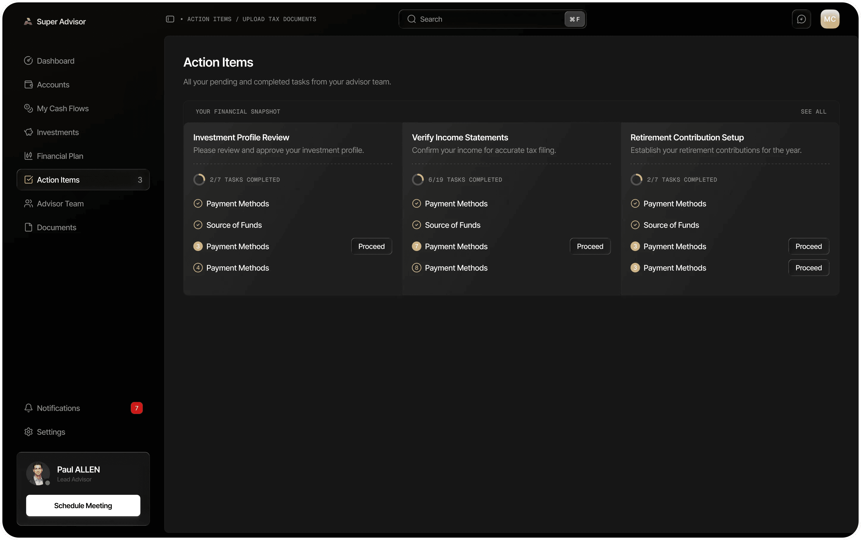 Dark: Action items page with three workflows side by side, each with its progress and next task