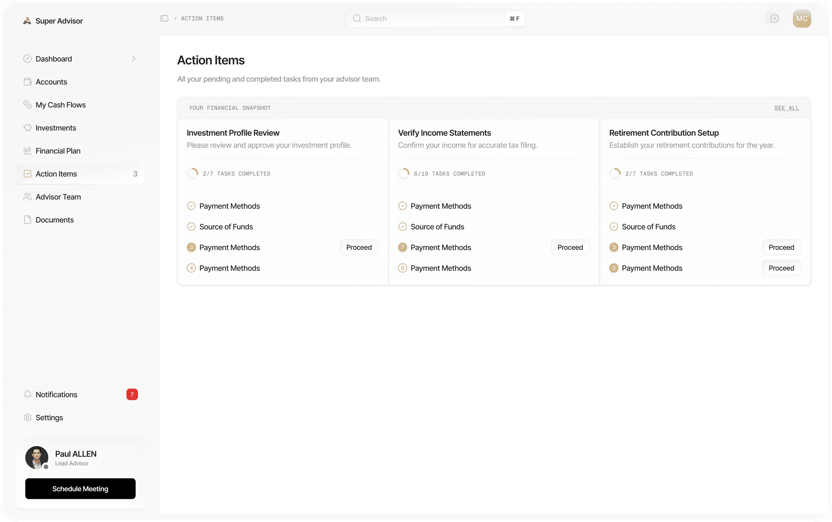 Light: Action items page with three workflows side by side, each with its progress and next task