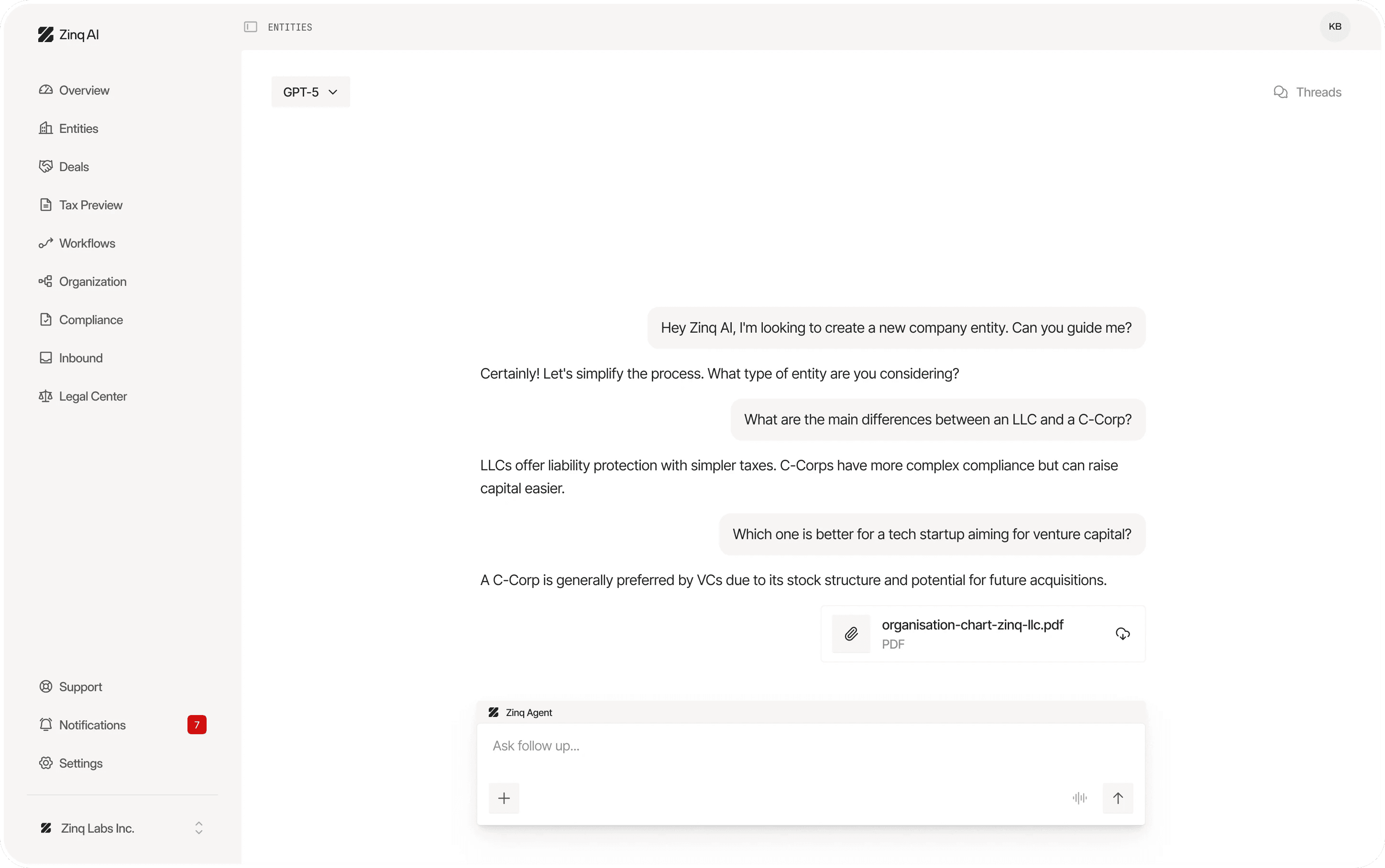 Zinq AI assistant: the same conversation ending with an organisation chart PDF attached to the answer