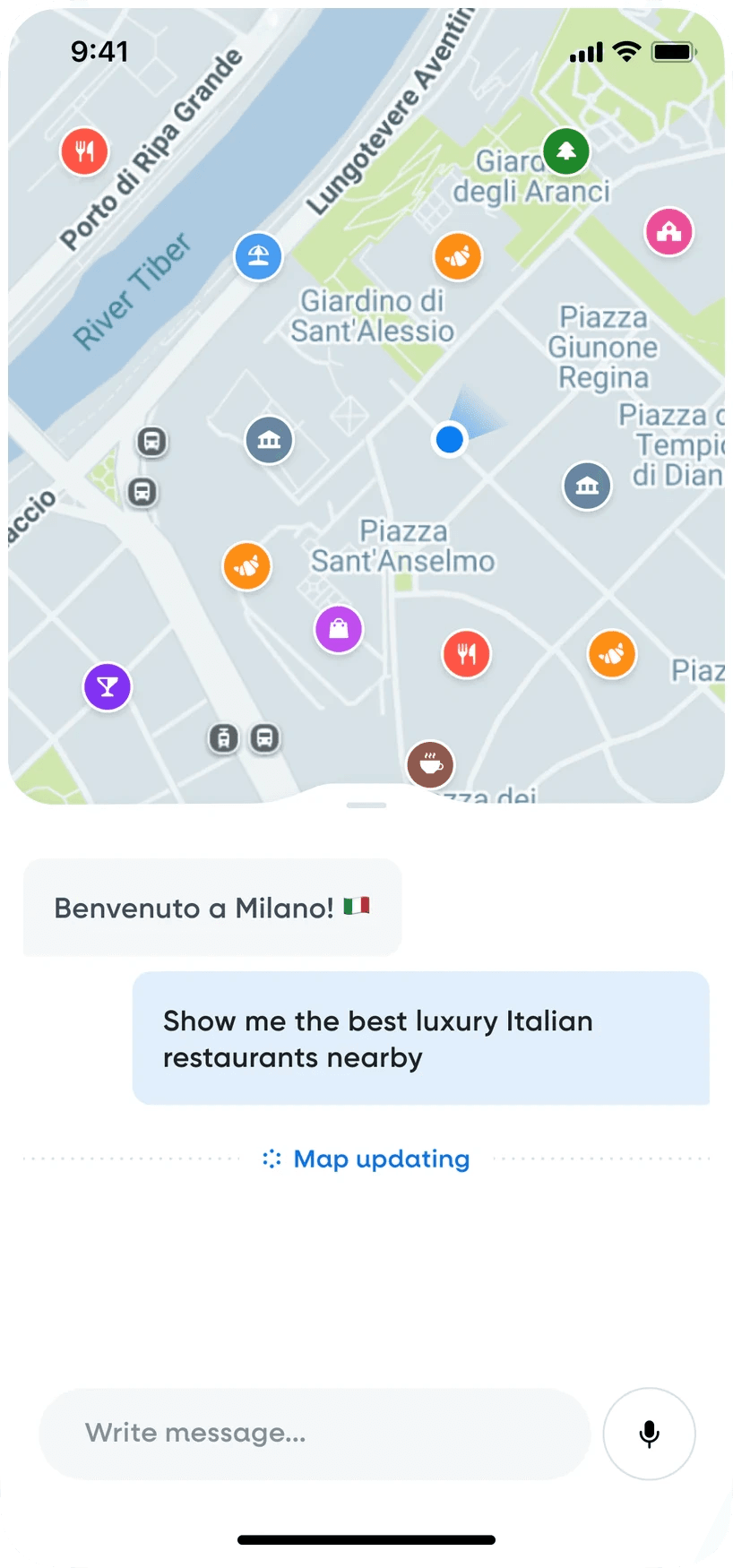 Scout chat: a request for luxury Italian restaurants nearby while the map updates