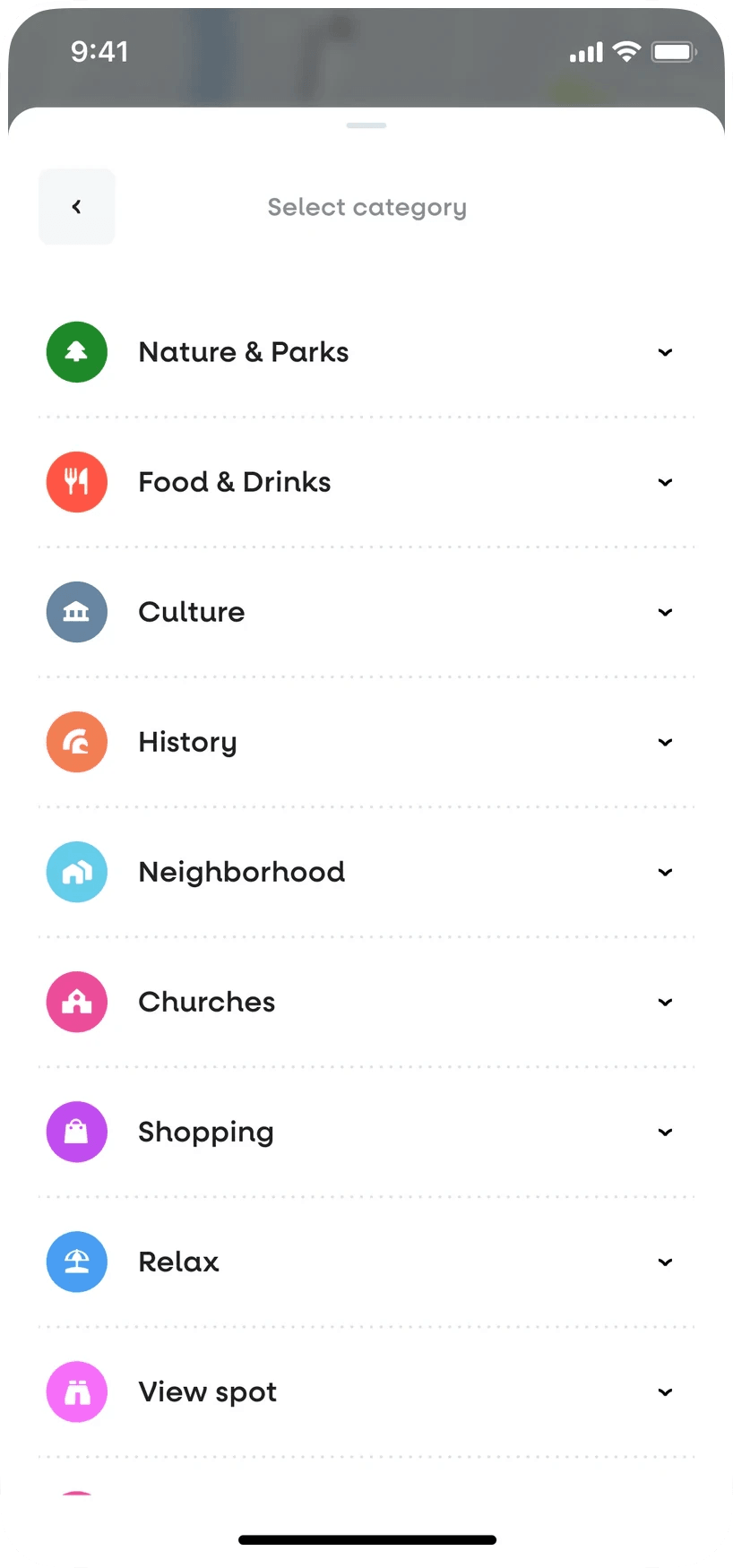 Hint app: choosing a category for a new spot, from nature and food to churches and view spots