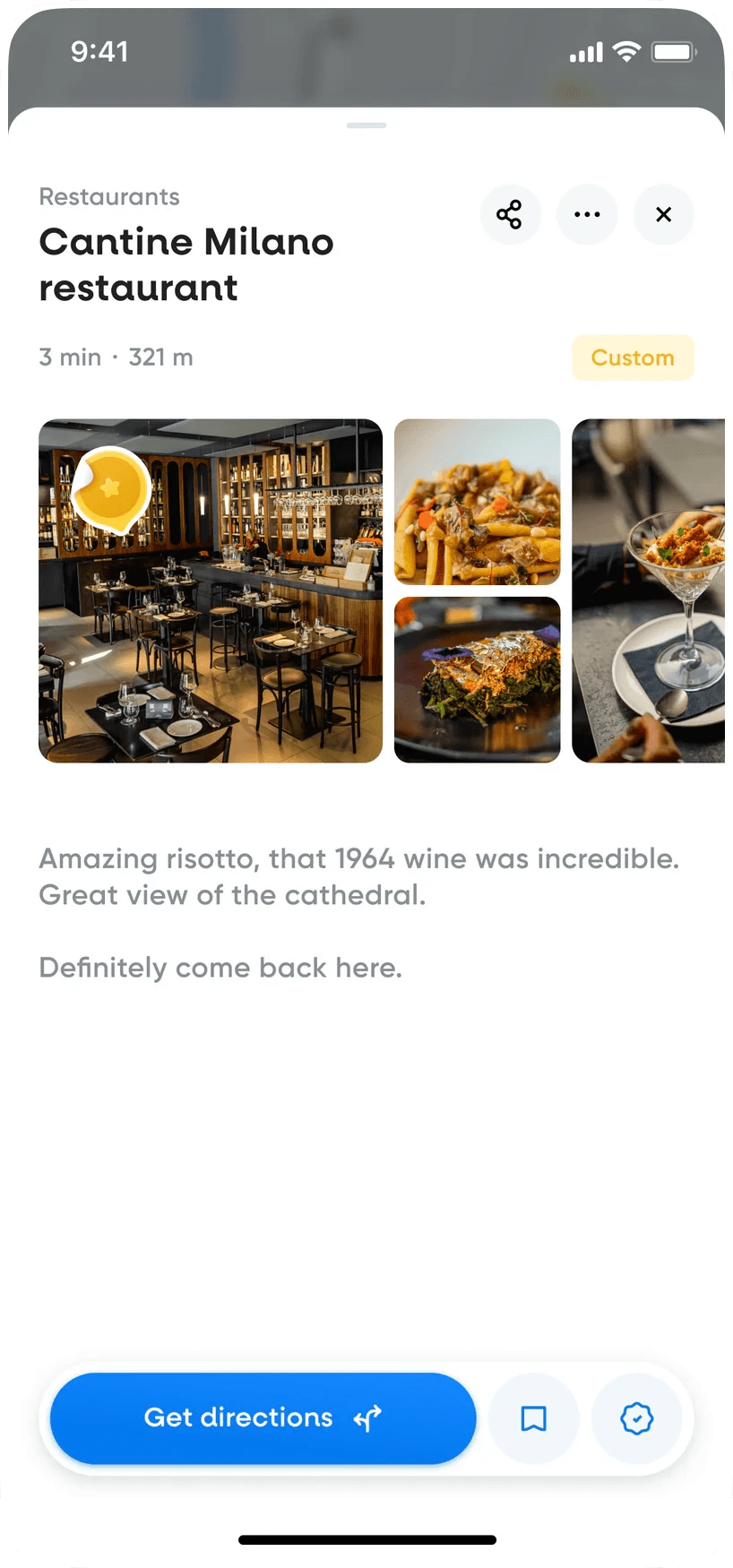 Hint app: a spot the traveler added to their own map, with photos and a personal note
