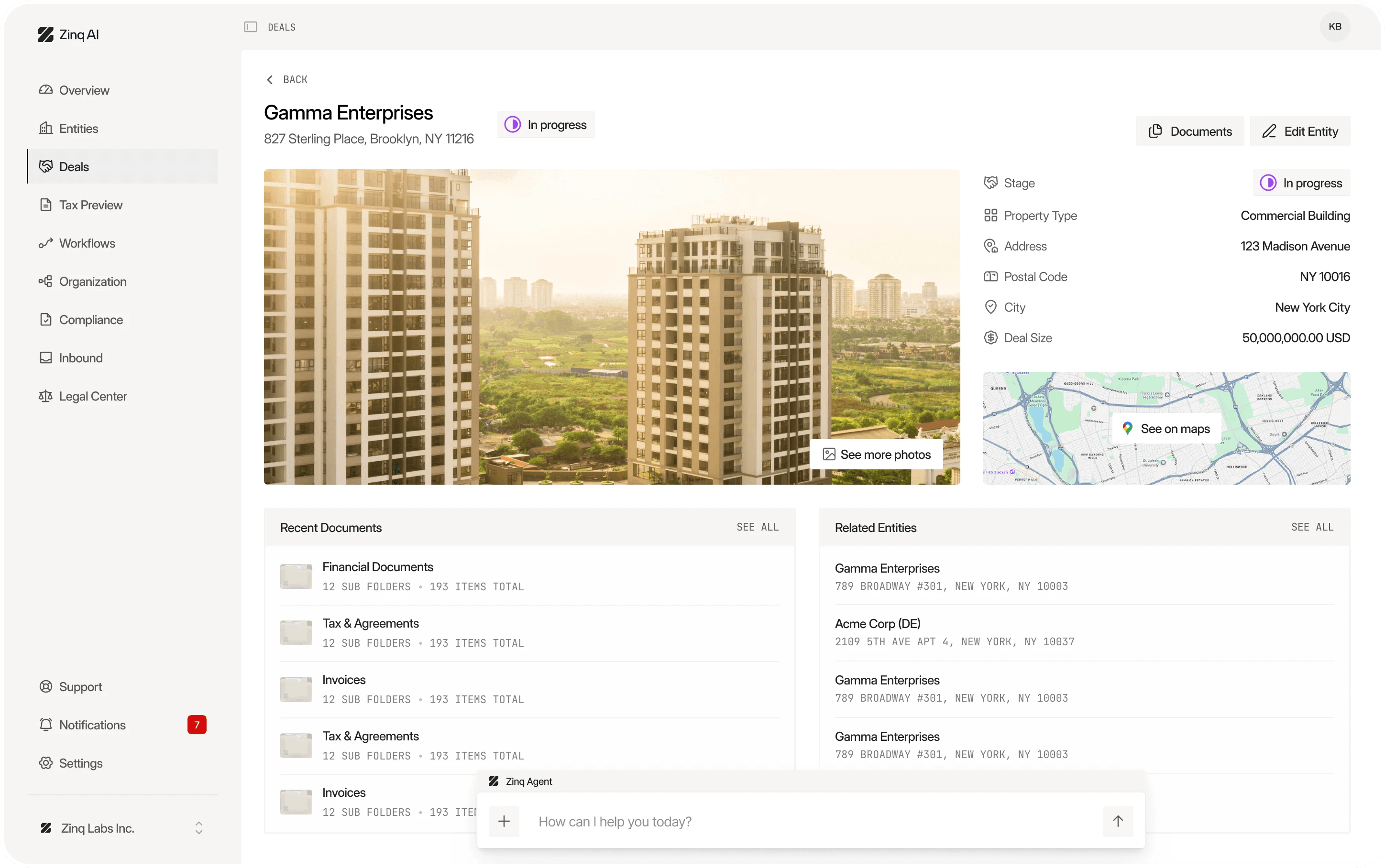 Deal page for a sample entity: building photos, a map, deal details, recent documents and related entities