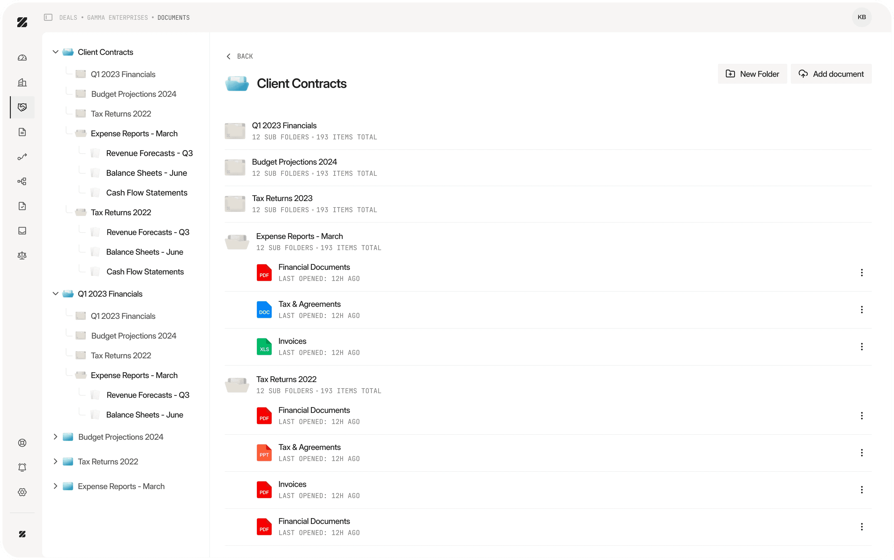 Deal documents: a folder tree on the left and folders of financials, tax and agreements, and invoices