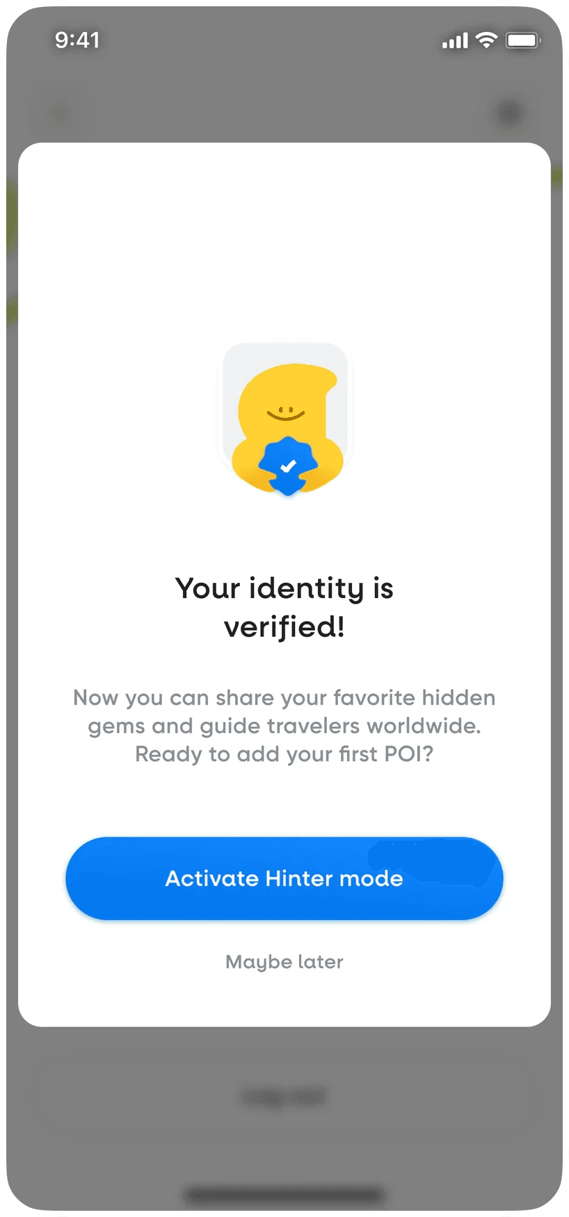Hint app: Your identity is verified, with the mascot and a button to activate Hinter mode