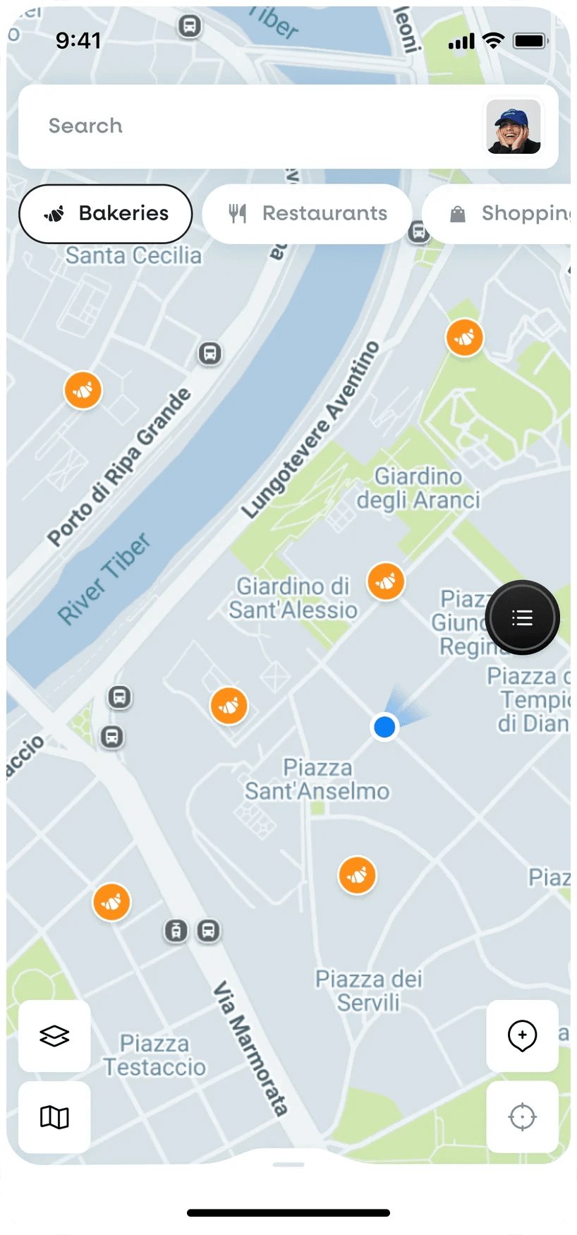 Hint app map filtered to bakeries, with the Bakeries chip selected
