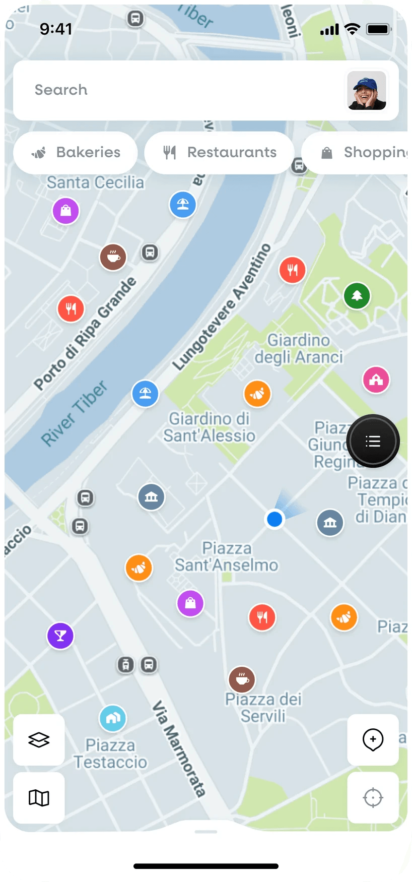 Hint app map of Rome with colored pins by category, a search bar and category chips