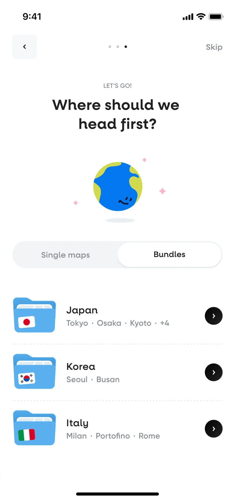 Hint app onboarding: the Bundles tab with country maps for Japan, Korea and Italy