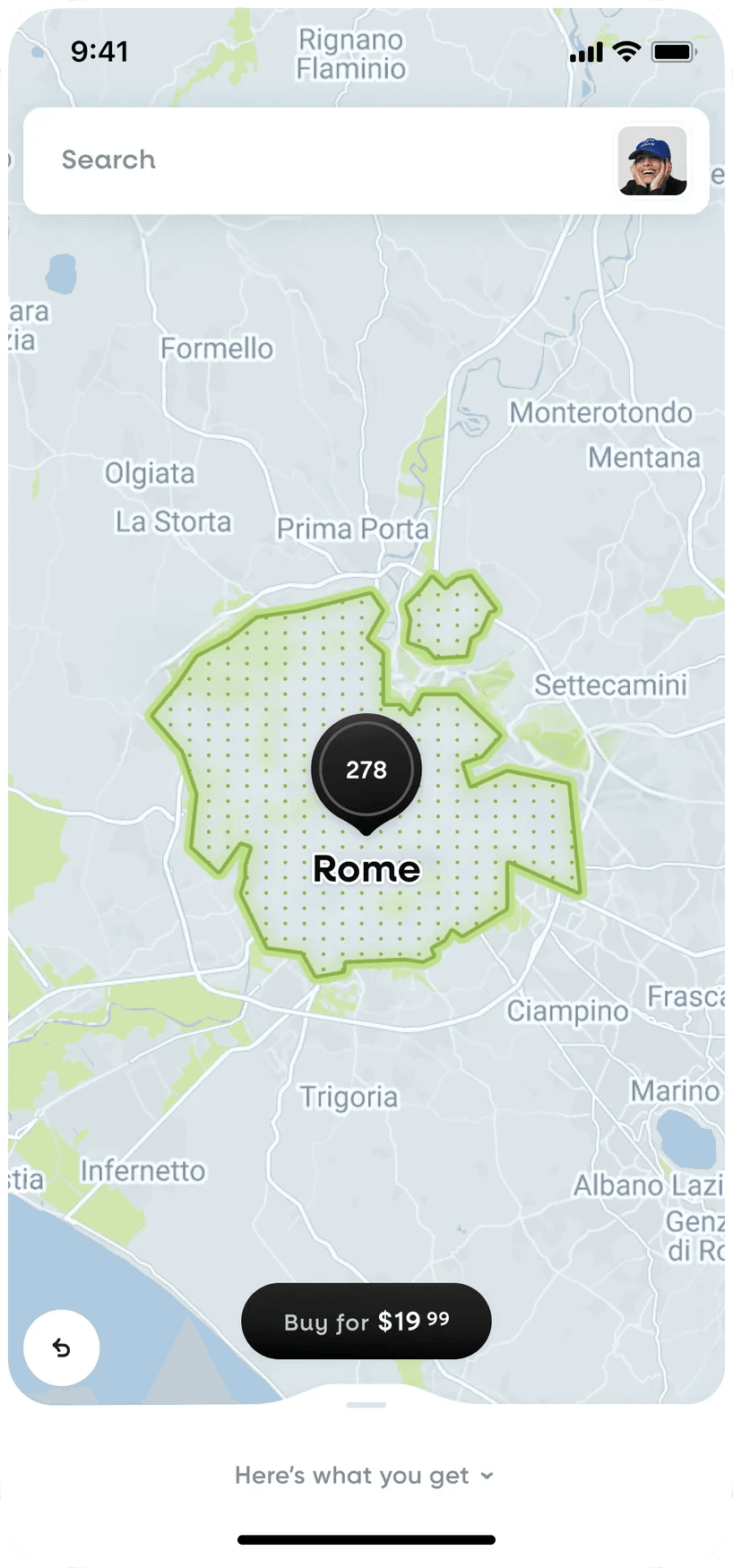 Hint app: the Rome map outlined on the city, with 278 spots and a buy button