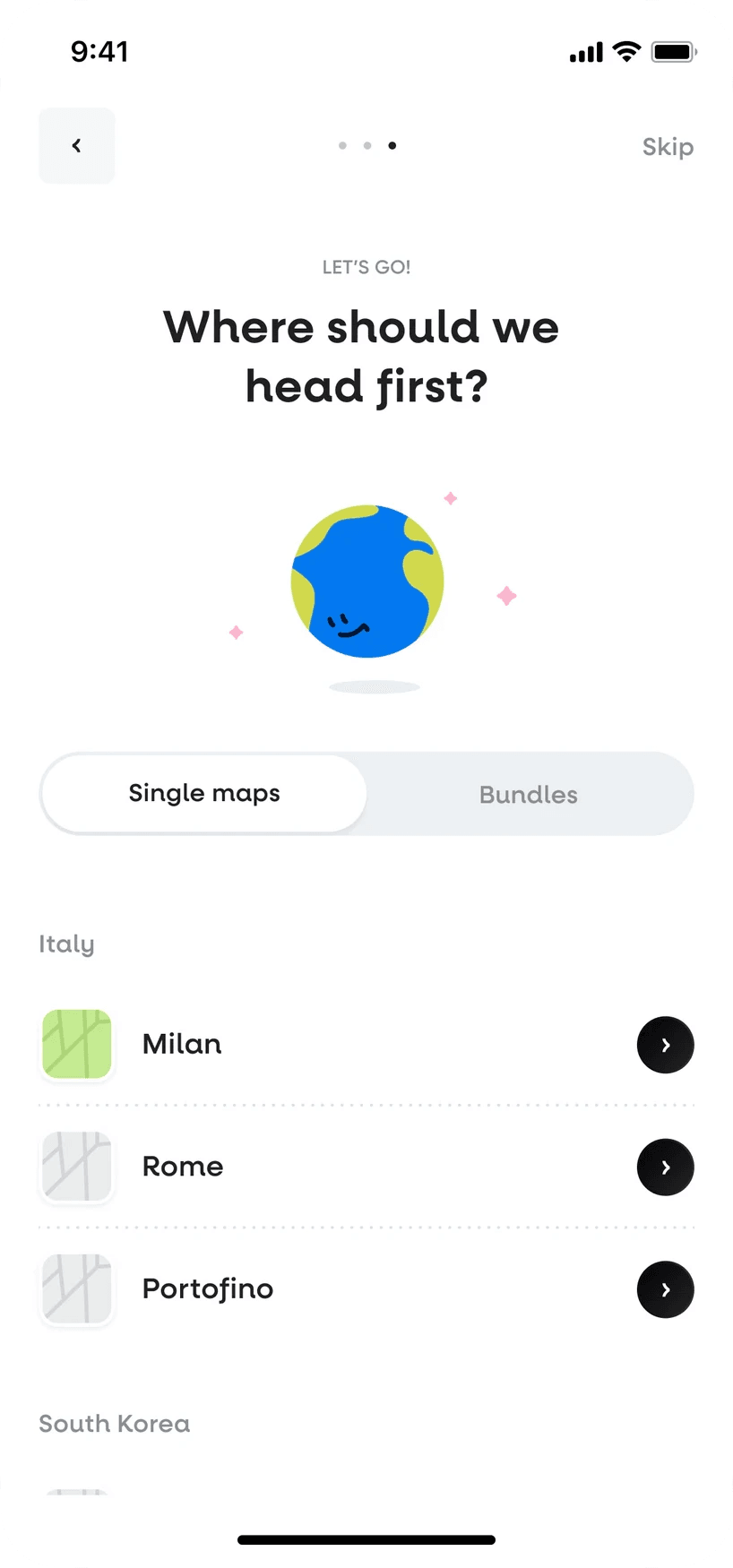 Hint app onboarding: Where should we head first, with single city maps for Milan, Rome and Portofino