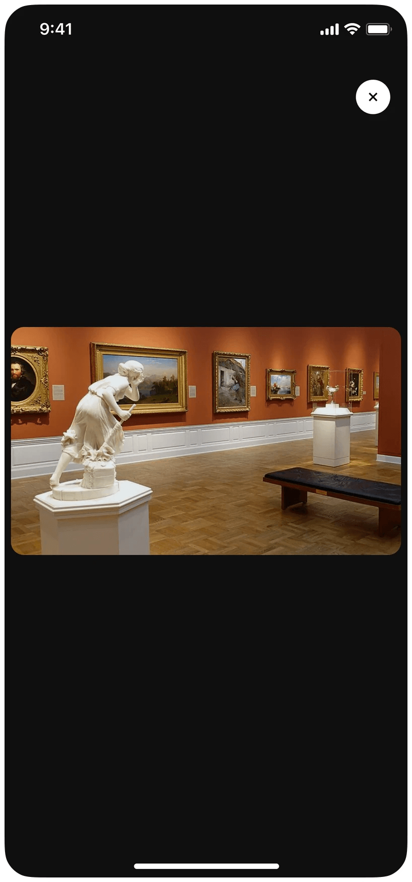 Hint app place gallery: a full-screen landscape photo of a museum hall