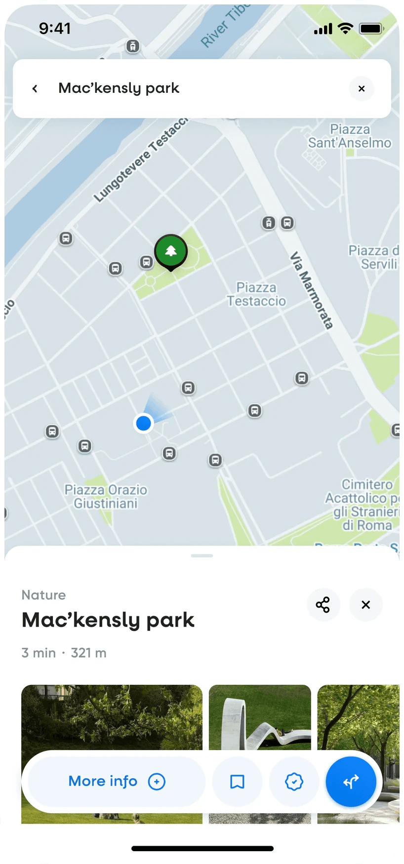 Hint app search result: a park pinned on the map with its card and photos below
