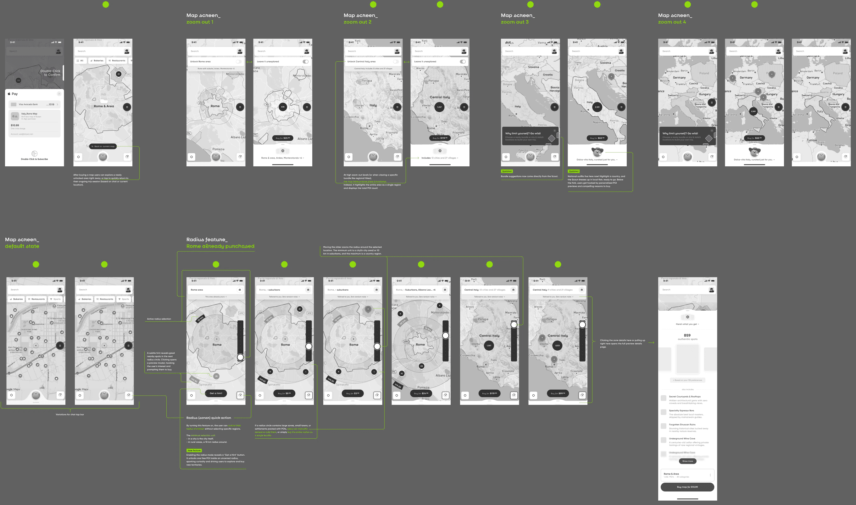 The Hint wireframes board in Figma: rows of grey app screens for map zoom levels, the radius tool and chat states, with notes between them