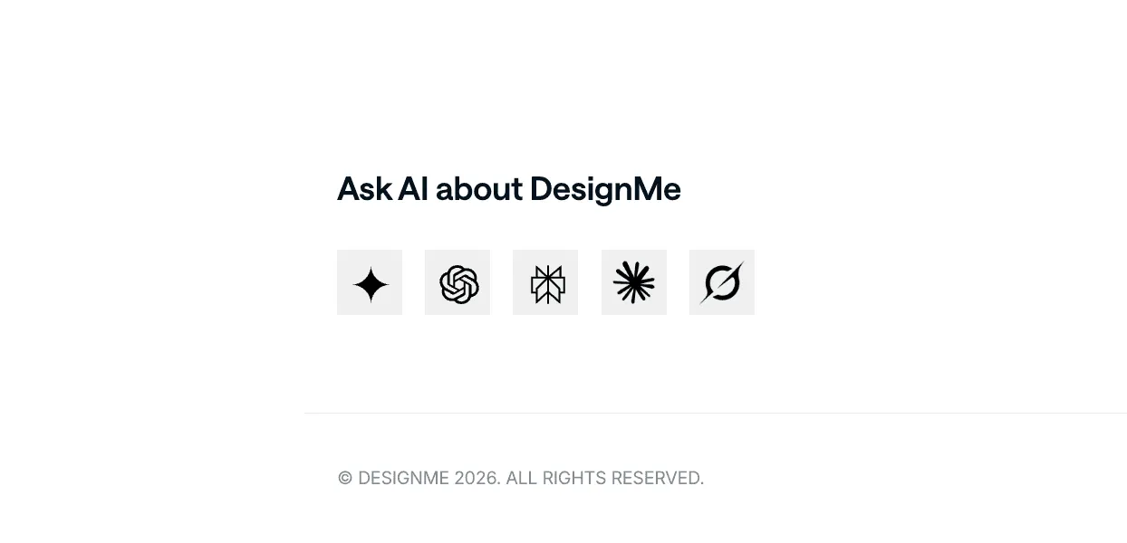 The “Ask AI about DesignMe” row in the DesignMe footer, with shortcuts for Gemini, ChatGPT, Perplexity, Claude and Grok