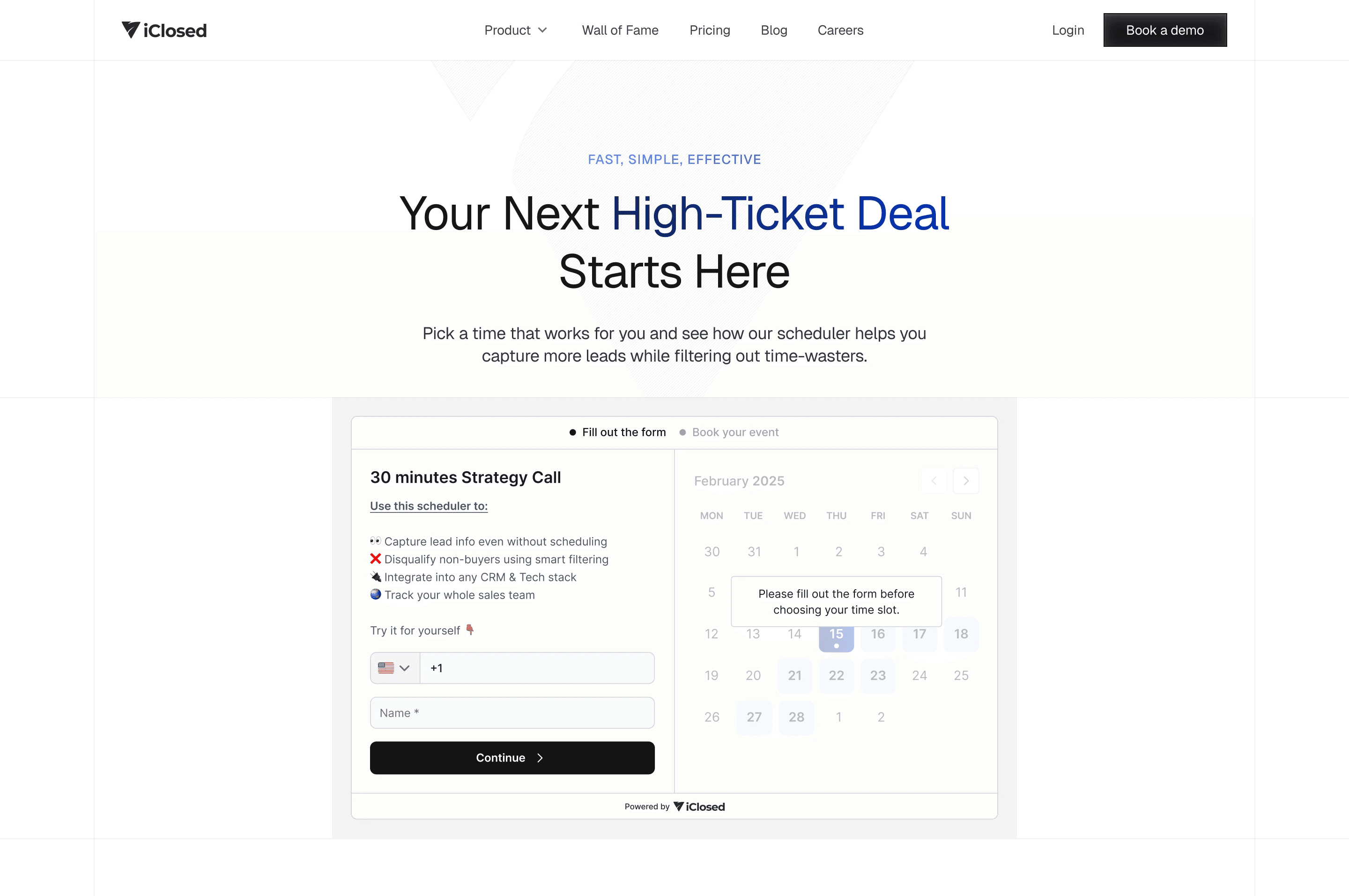Book-a-call page design: Your Next High-Ticket Deal Starts Here, above the iClosed booking form and calendar