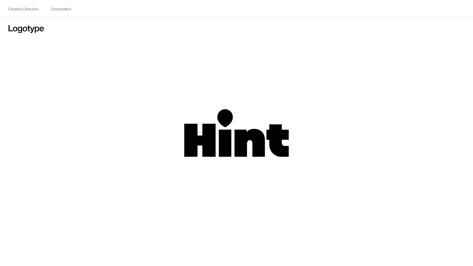 Brand exploration 1.0: the Hint wordmark in heavy black letters, the dot of the i drawn as a map pin