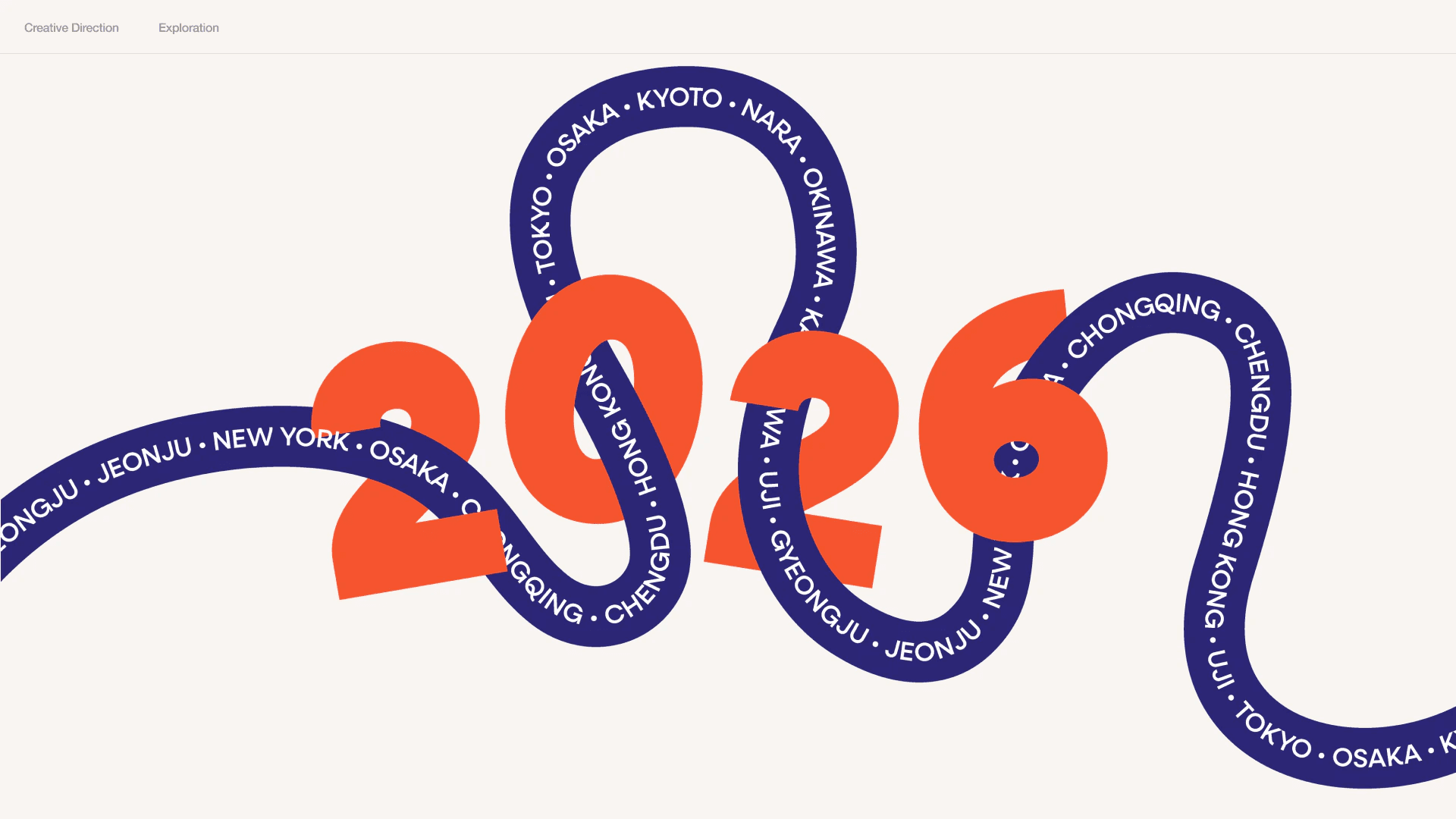Brand exploration 3.1: a route ribbon of city names looping through the year 2026