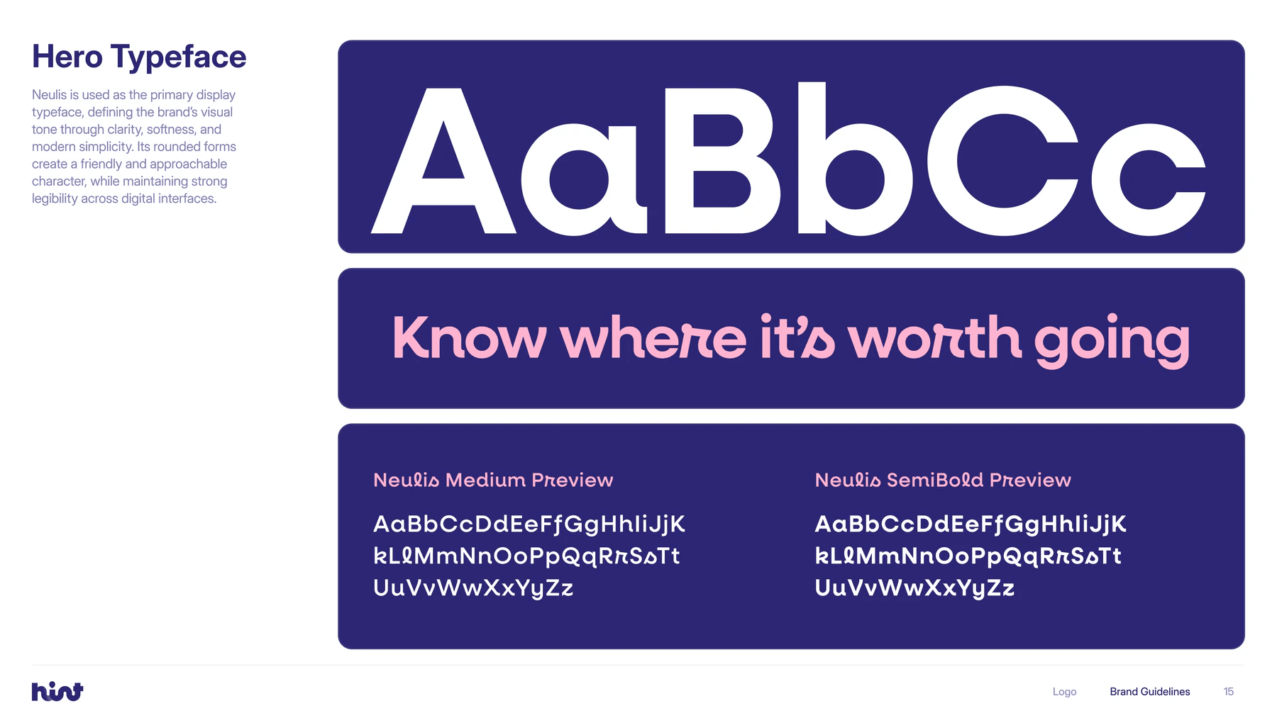 Hint brand guide: the Neulis hero typeface with the line Know where it’s worth going