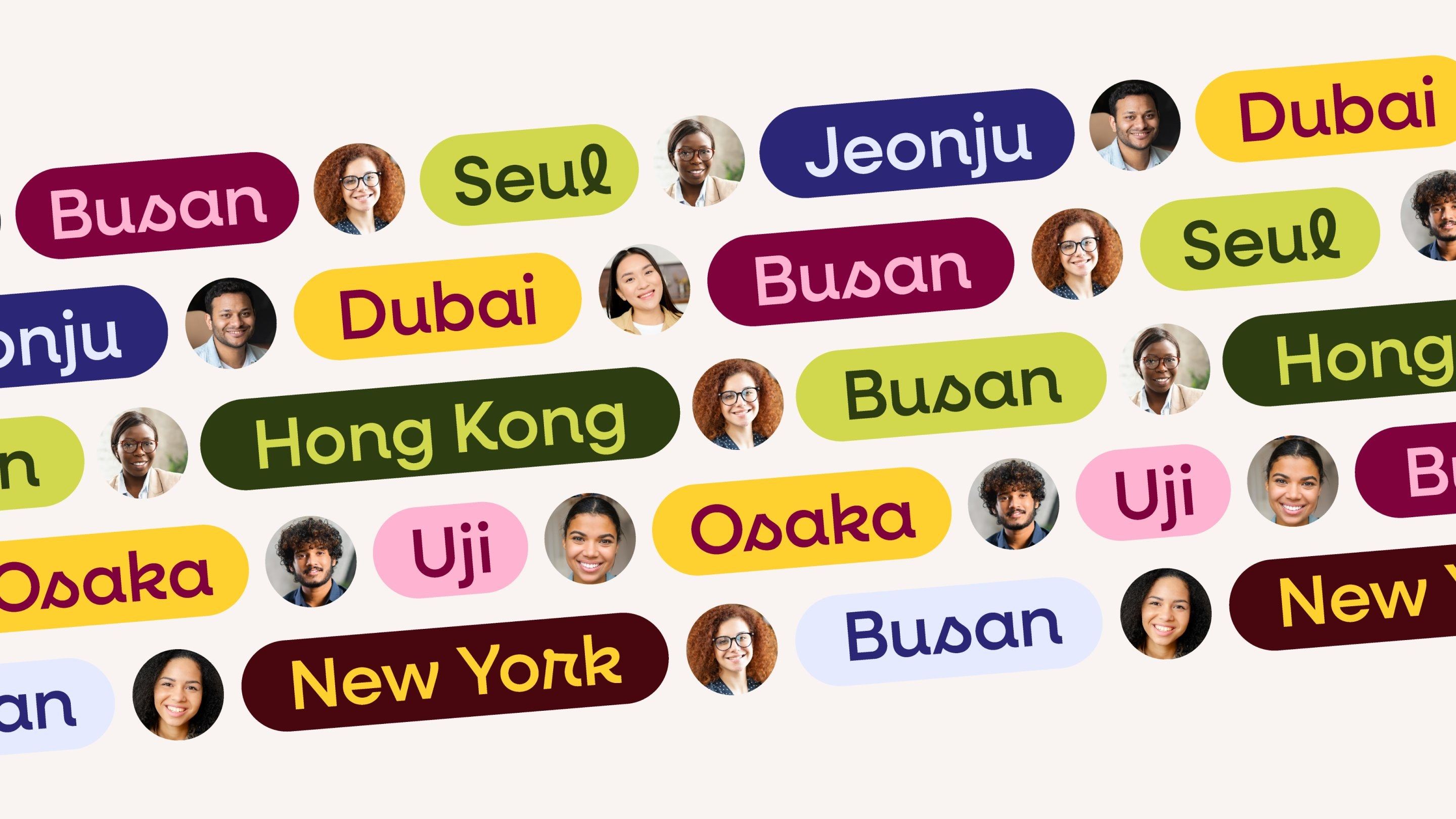 Brand identity: rows of city-name pills in bold colours, mixed with team portraits
