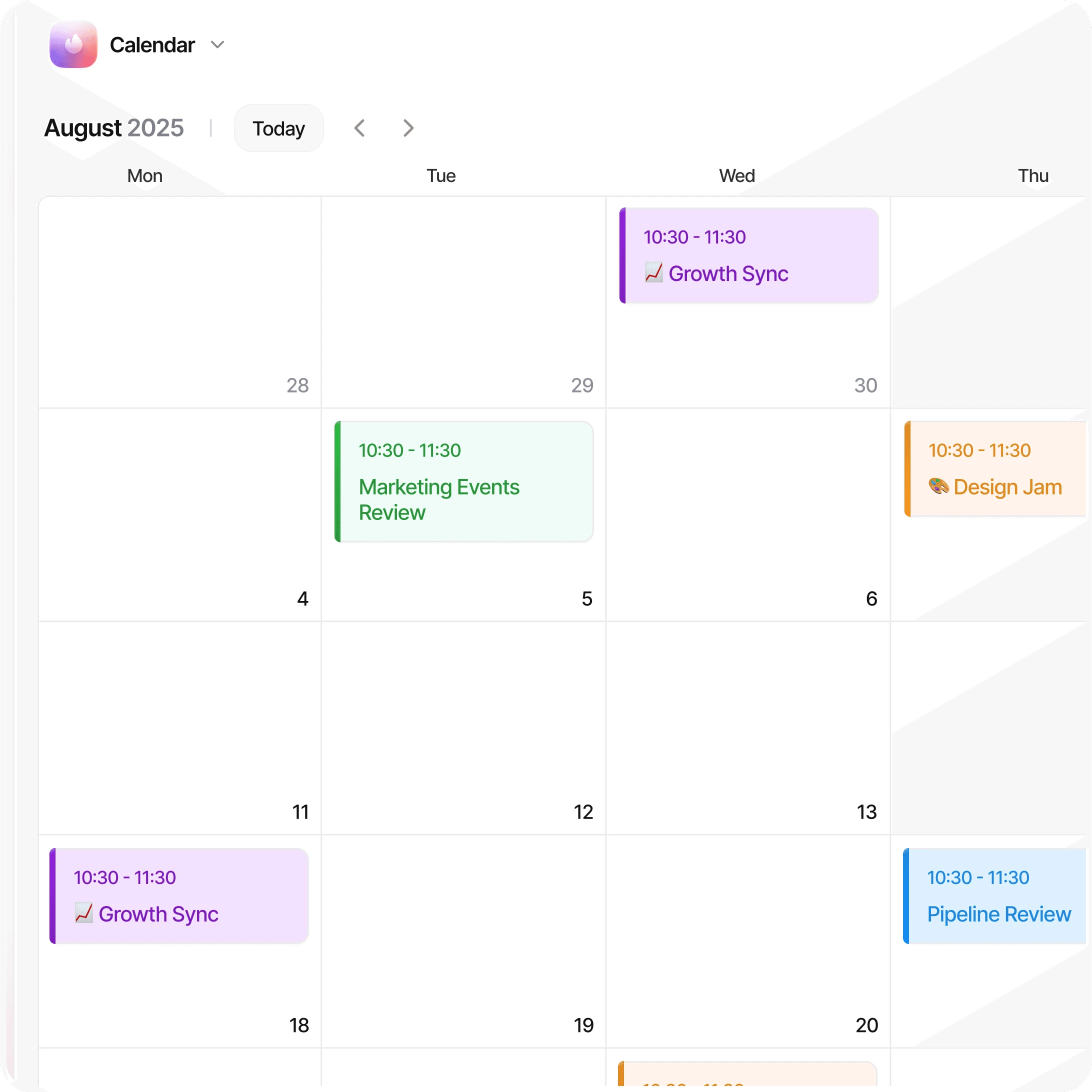 Calendar version 3, the same detail: each meeting card is tinted in its own color, purple, green, orange and blue