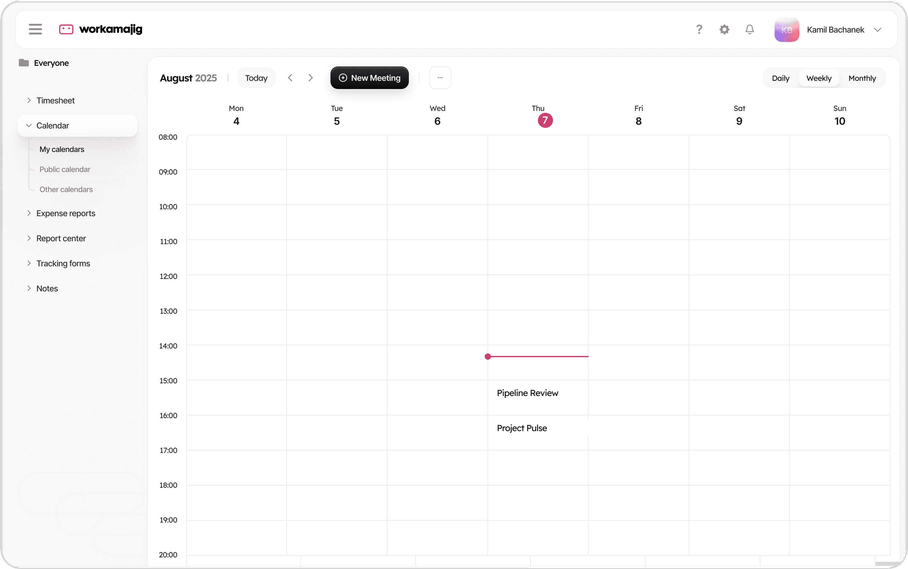 Latest calendar, weekly view: hours down the side, today highlighted and two meetings on Thursday