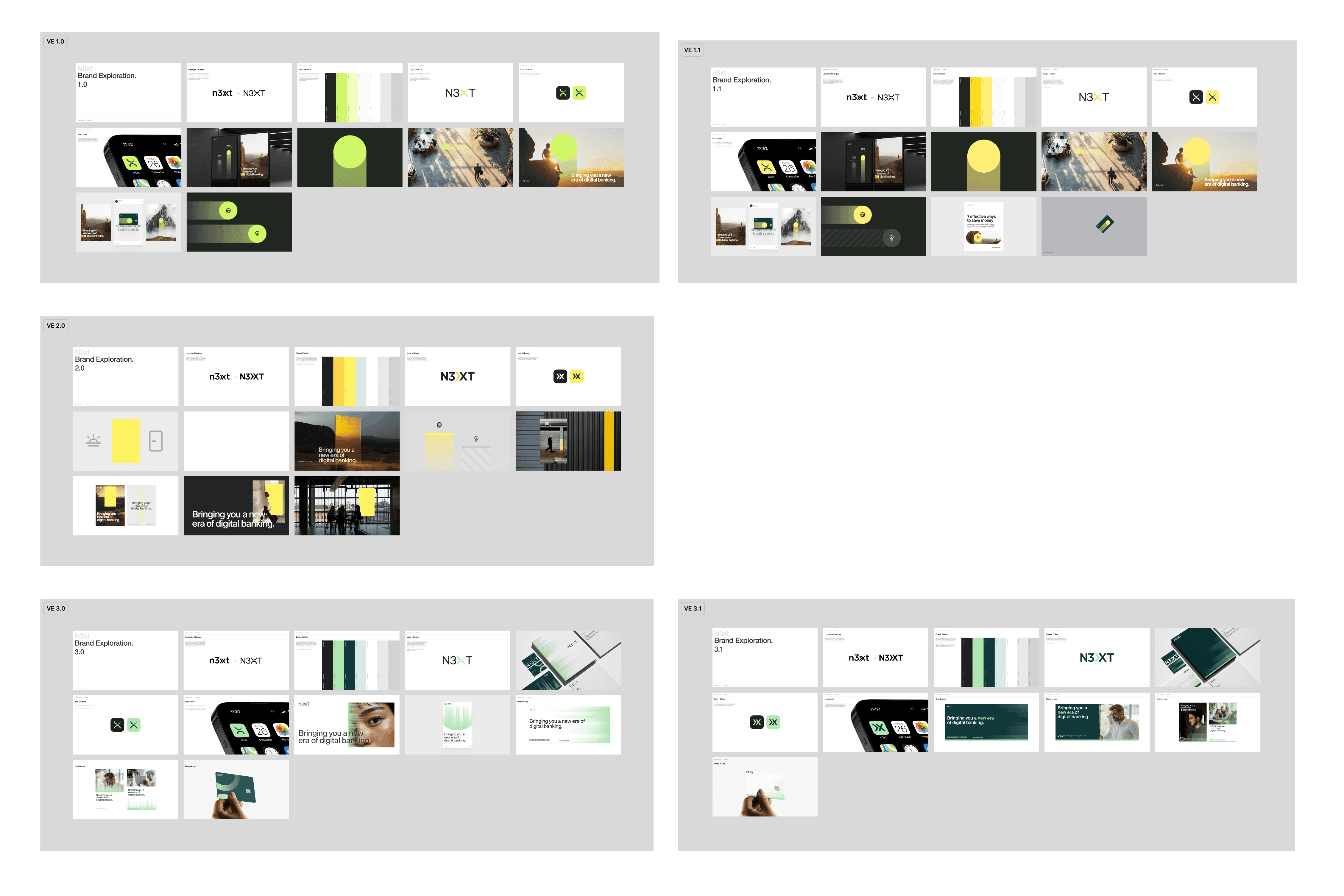 Early N3XT visual explorations across several colour directions, including green and yellow