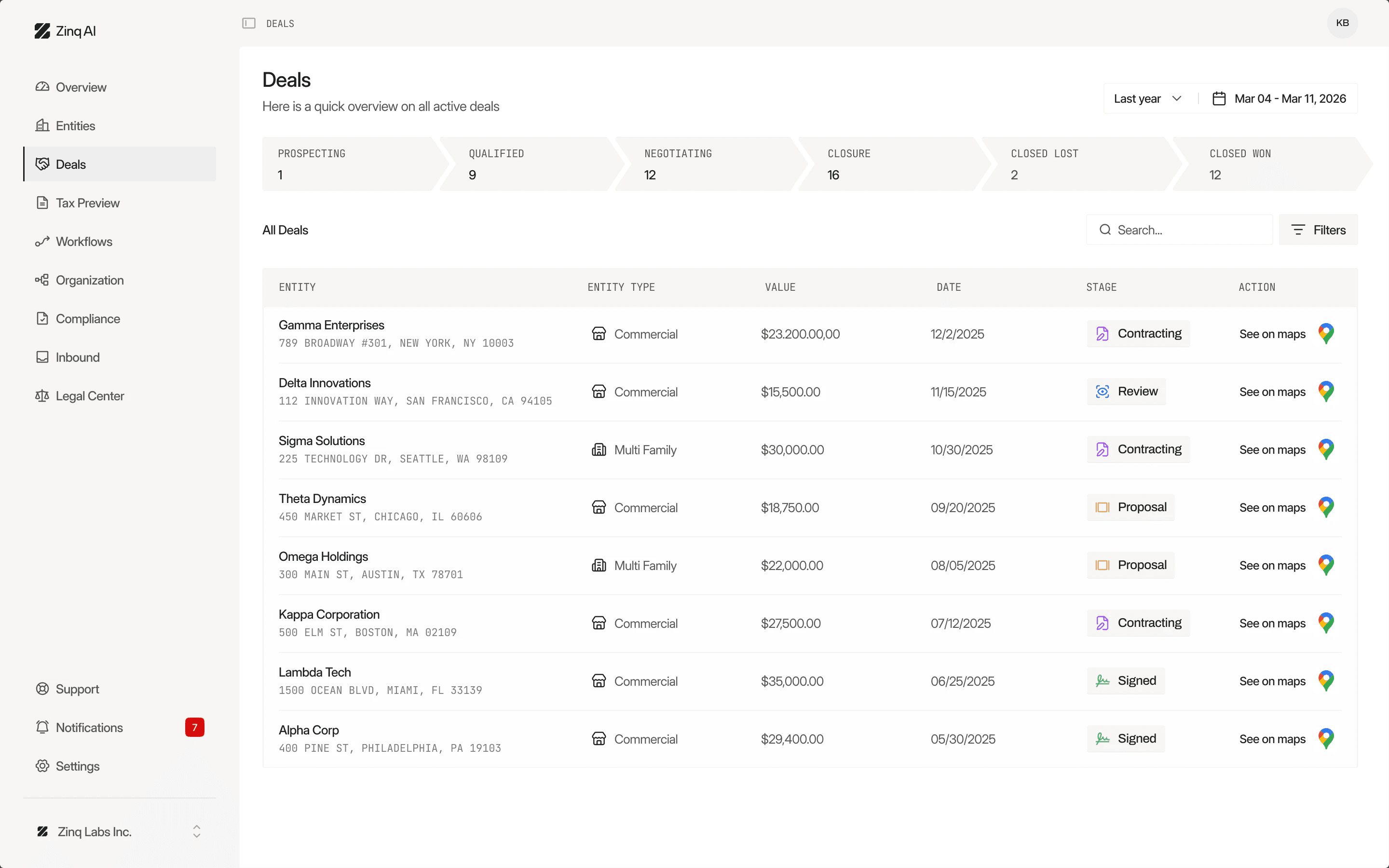 Redesign: Zinq AI deals overview with pipeline stages and a table of sample deals
