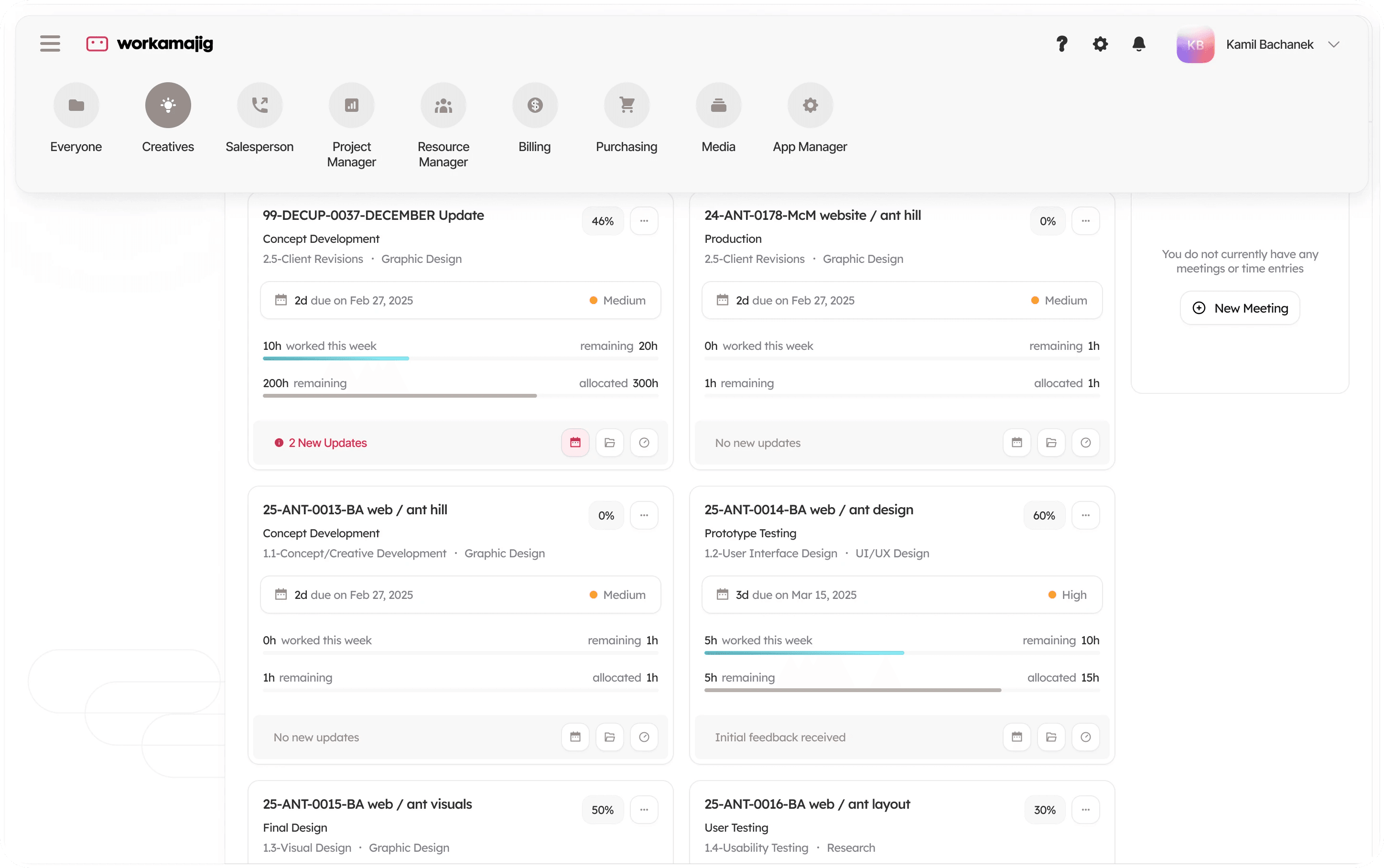 Redesign: Workamajig role menu: Everyone, Creatives, Salesperson, Project Manager, Resource Manager, Billing, Purchasing, Media and more