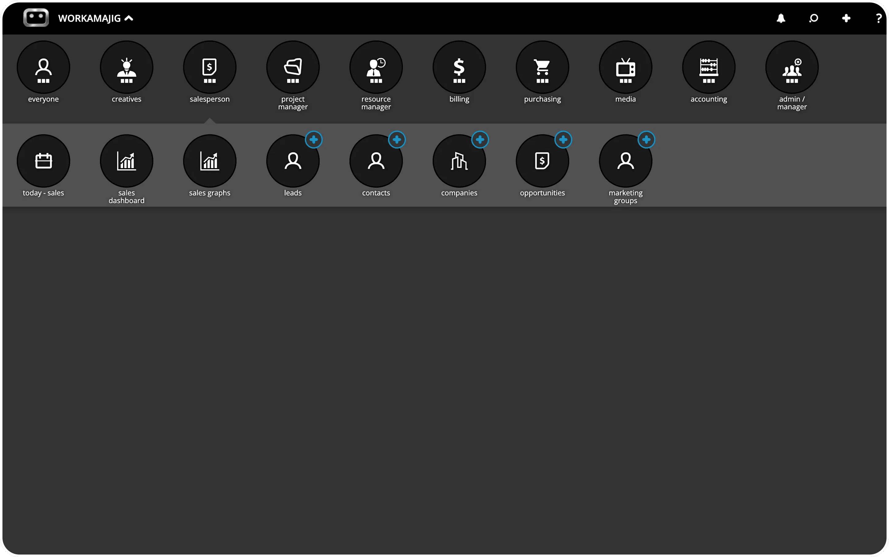 Before: Workamajig role menu: Everyone, Creatives, Salesperson, Project Manager, Resource Manager, Billing, Purchasing, Media and more